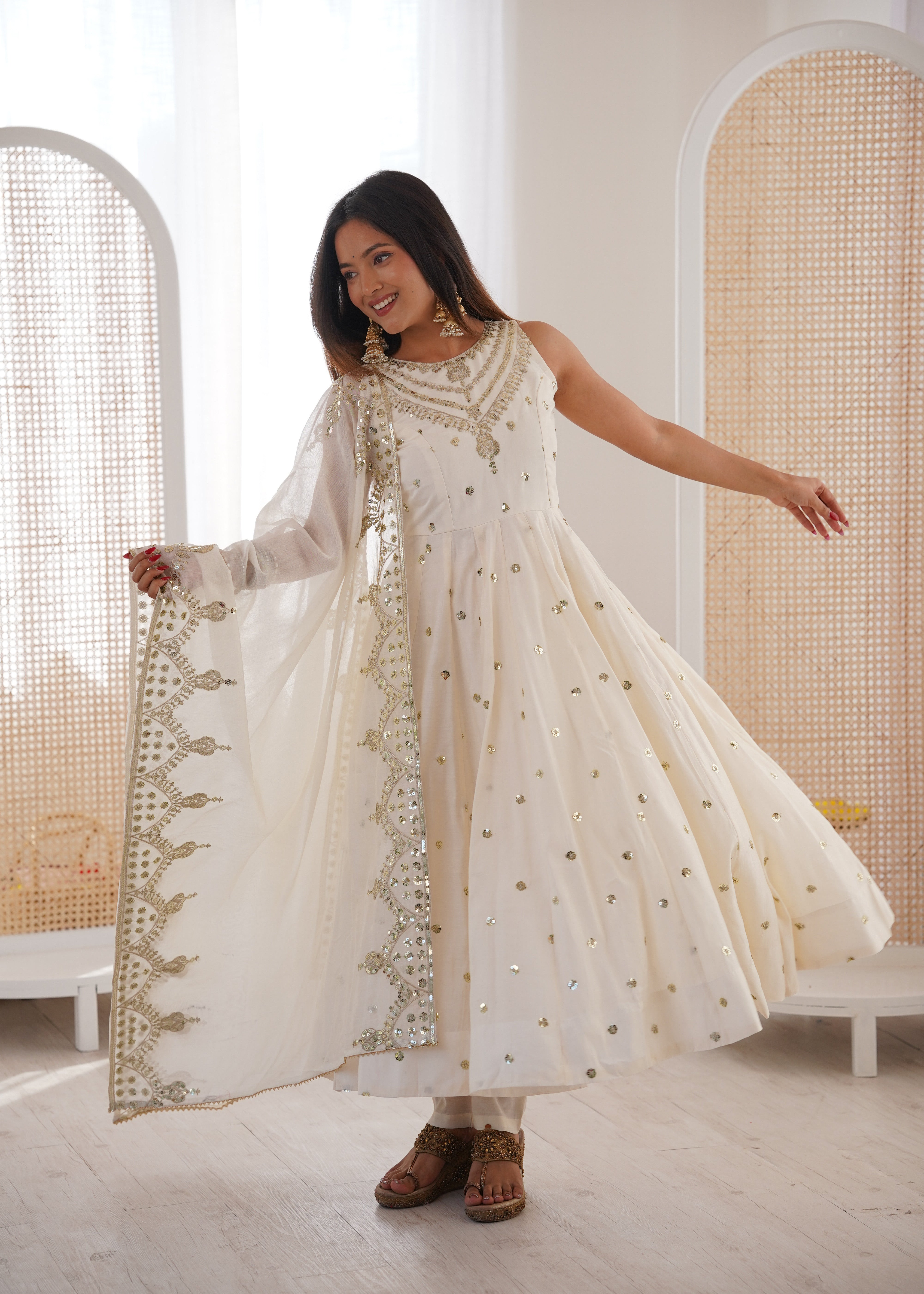 Silk Anarkali Gown Set Featuring Intricate Mirror-Work Embroidery