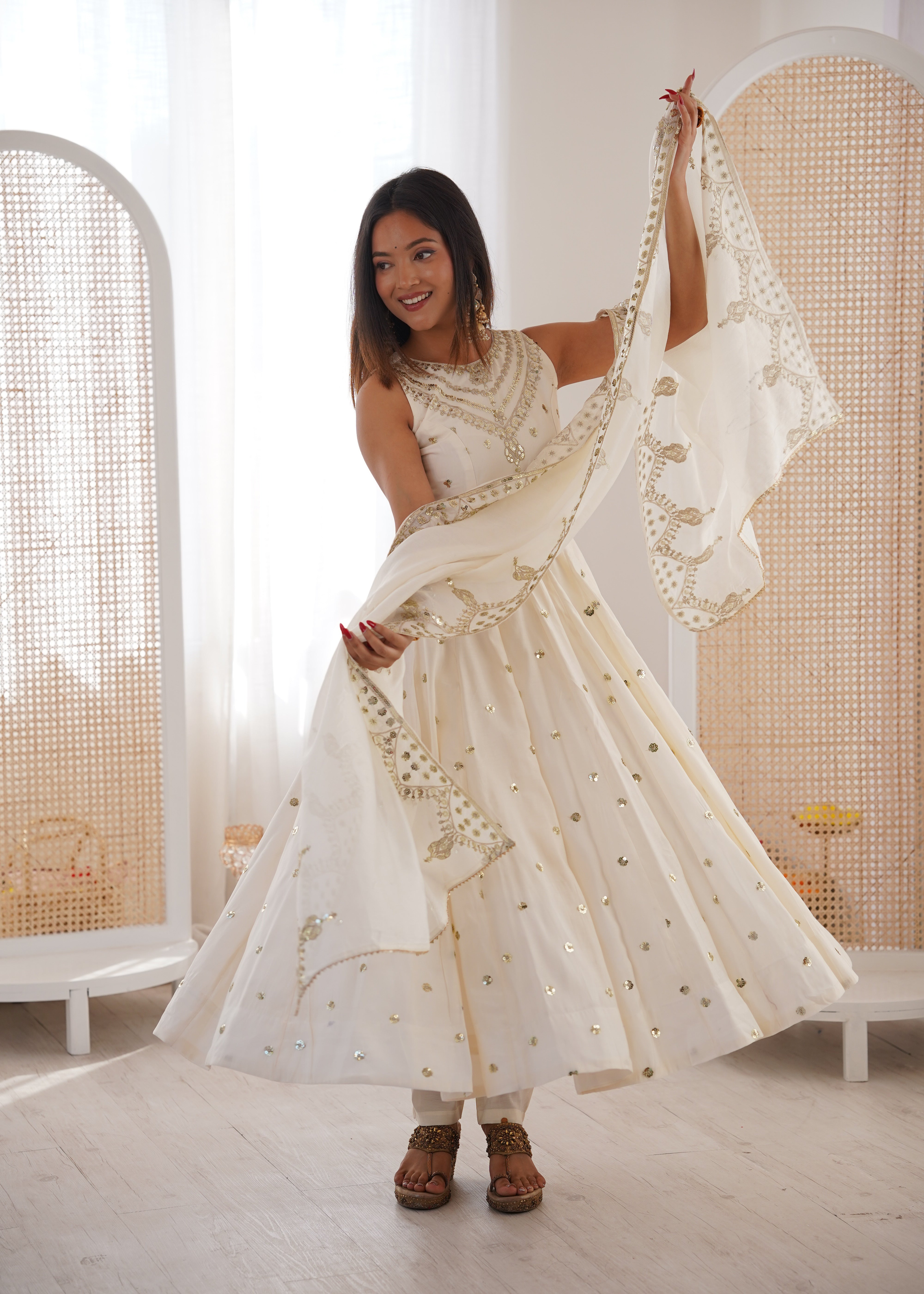 Silk Anarkali Gown Set Featuring Intricate Mirror-Work Embroidery