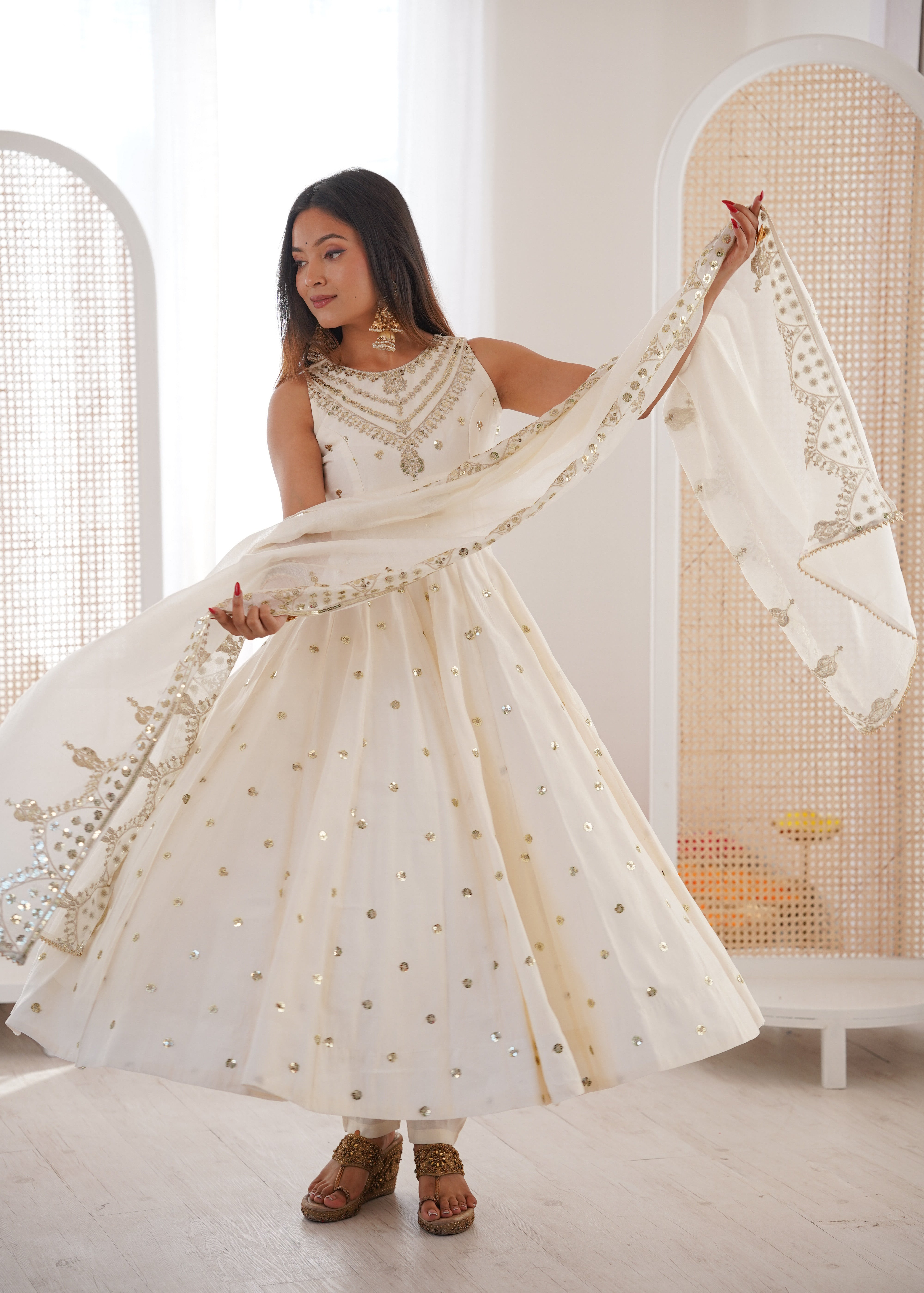 Silk Anarkali Gown Set Featuring Intricate Mirror-Work Embroidery
