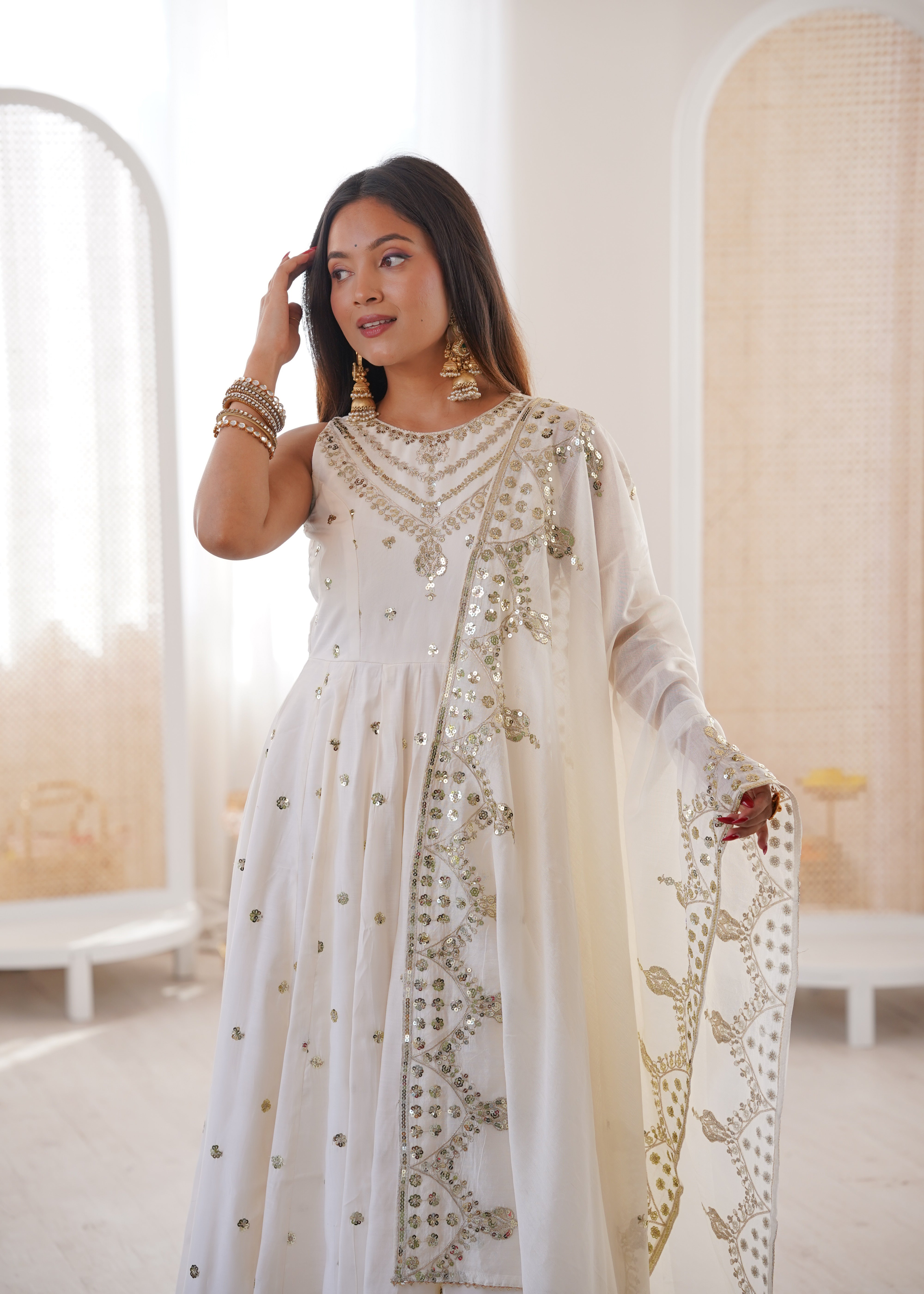 Silk Anarkali Gown Set Featuring Intricate Mirror-Work Embroidery