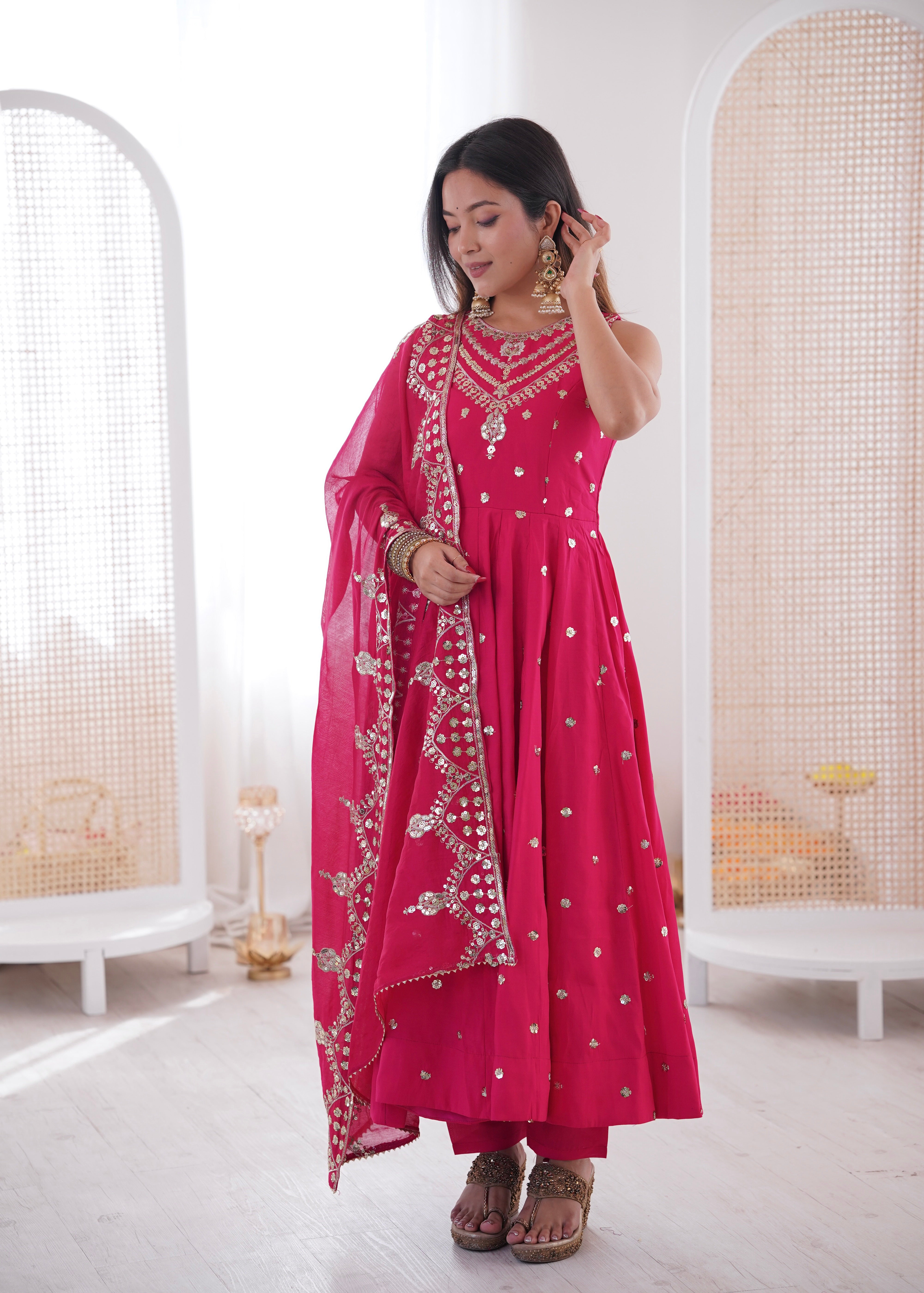 Silk Anarkali Gown Set Featuring Intricate Mirror-Work Embroidery