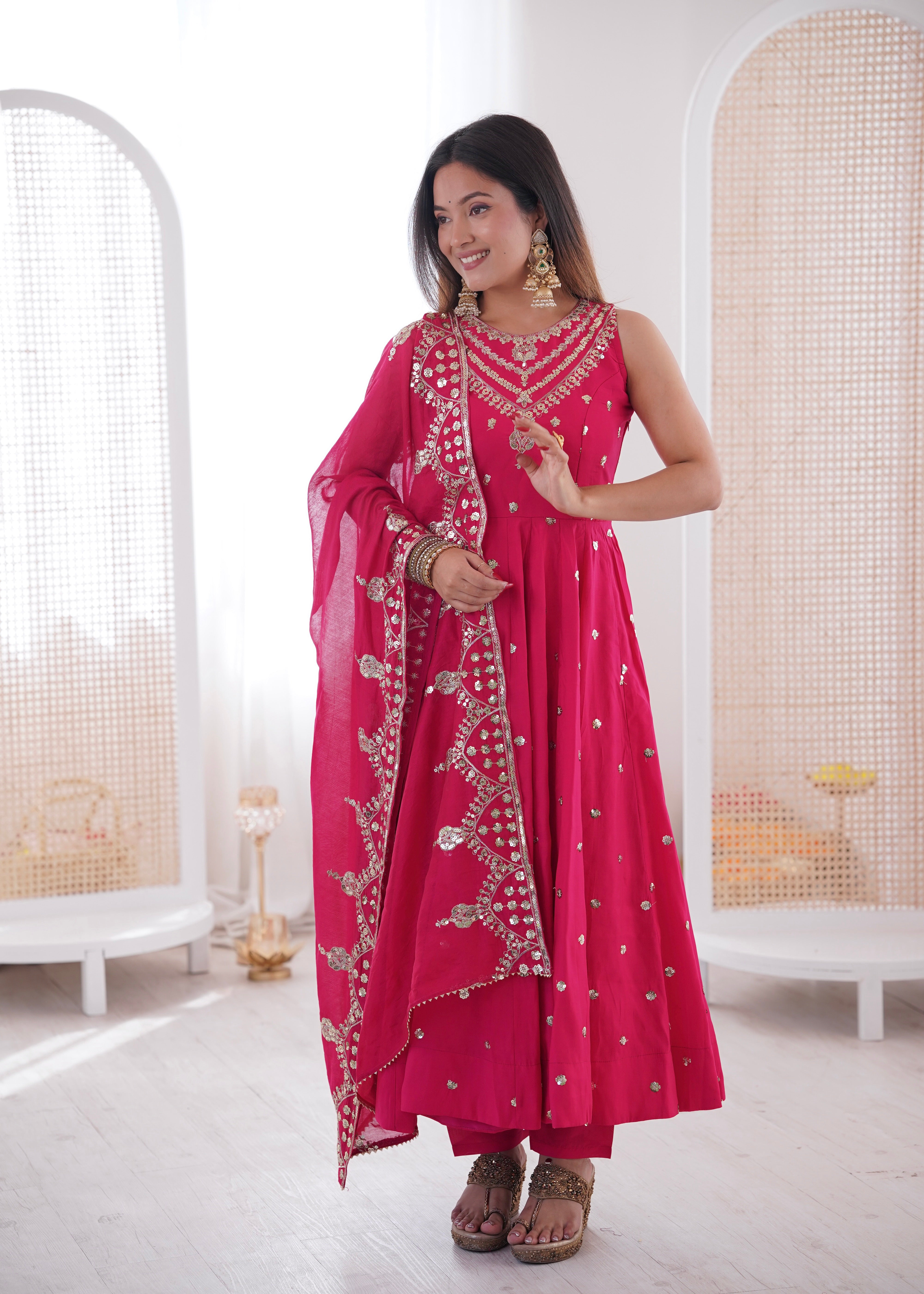 Silk Anarkali Gown Set Featuring Intricate Mirror-Work Embroidery