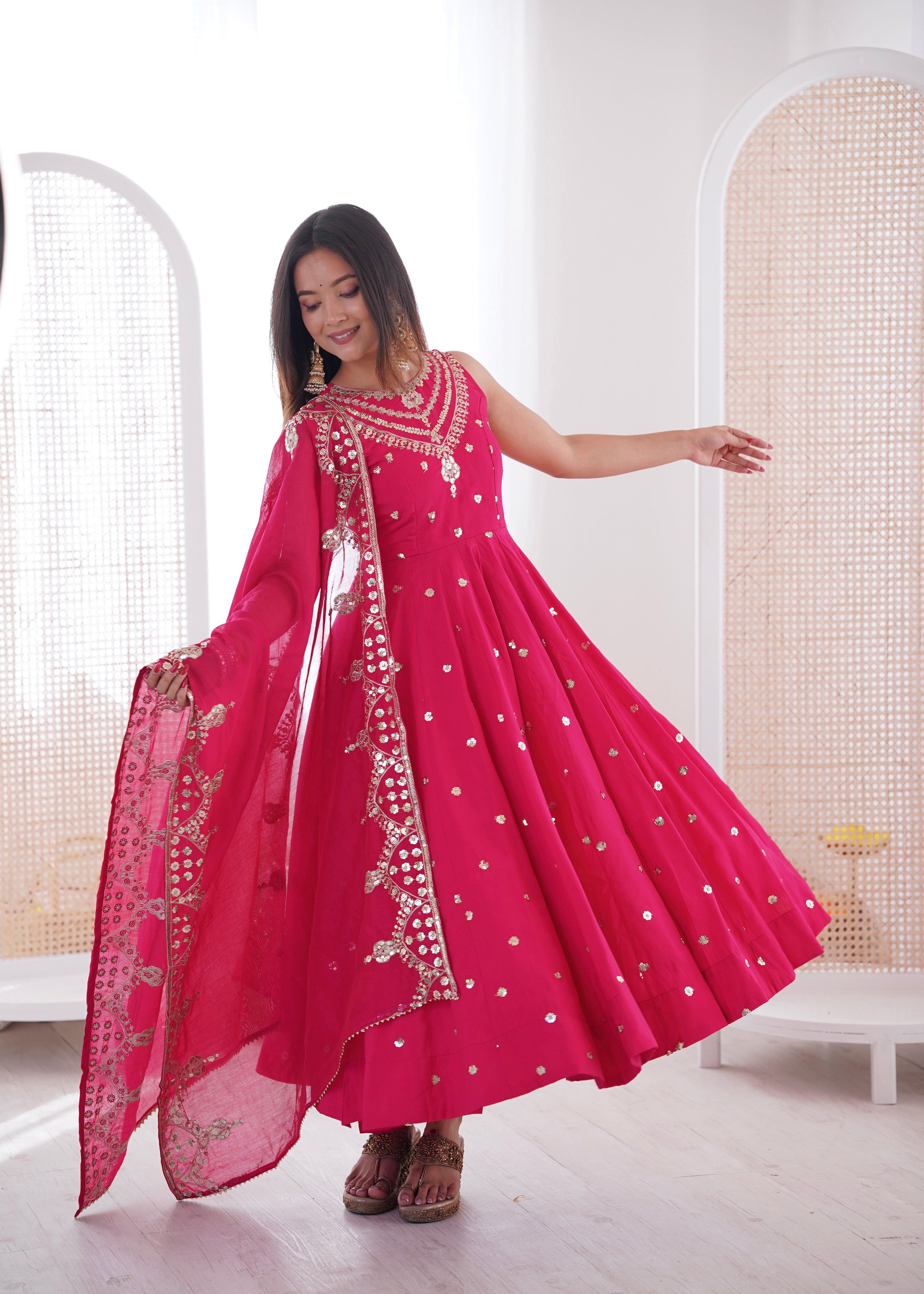 Silk Anarkali Gown Set Featuring Intricate Mirror-Work Embroidery