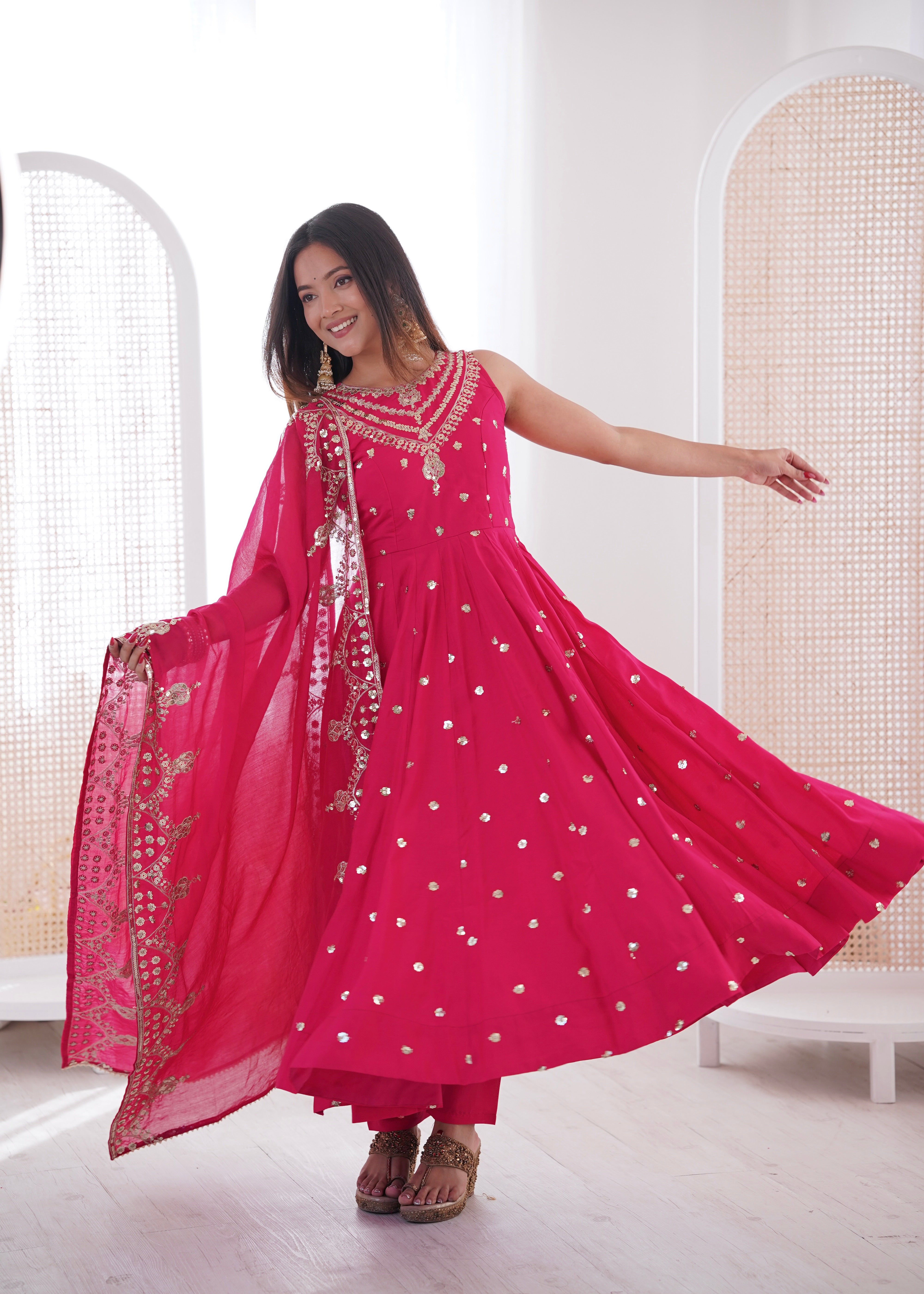 Silk Anarkali Gown Set Featuring Intricate Mirror-Work Embroidery