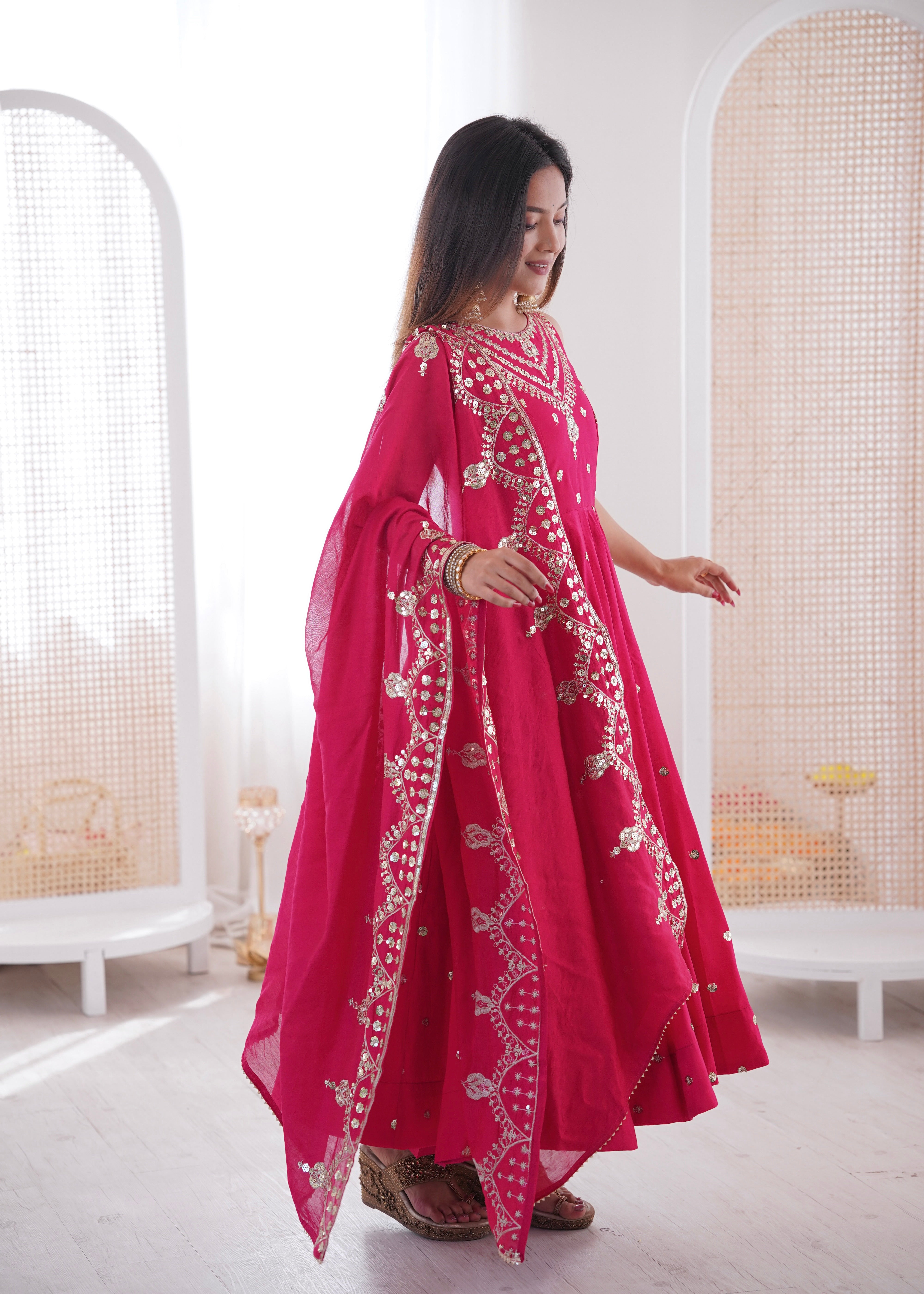 Silk Anarkali Gown Set Featuring Intricate Mirror-Work Embroidery