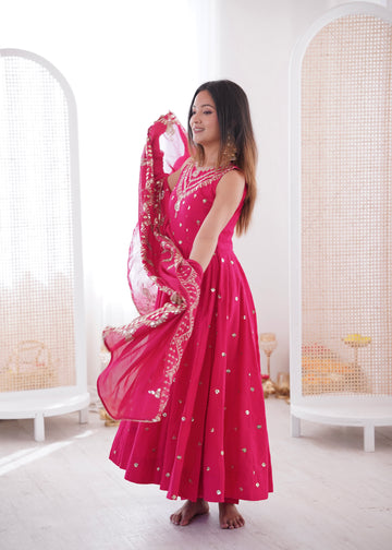 Silk Anarkali Gown Set Featuring Intricate Mirror-Work Embroidery