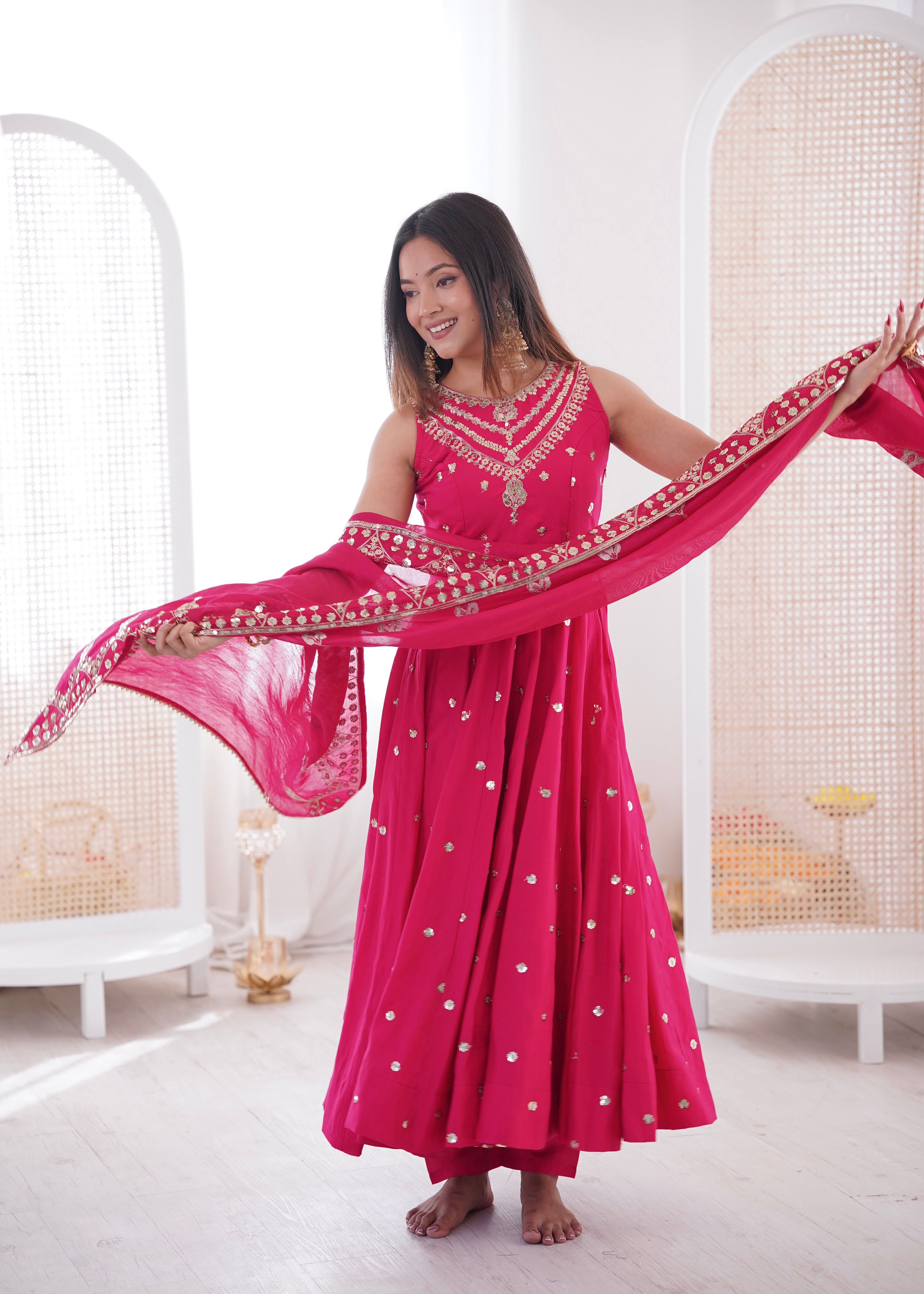 Silk Anarkali Gown Set Featuring Intricate Mirror-Work Embroidery