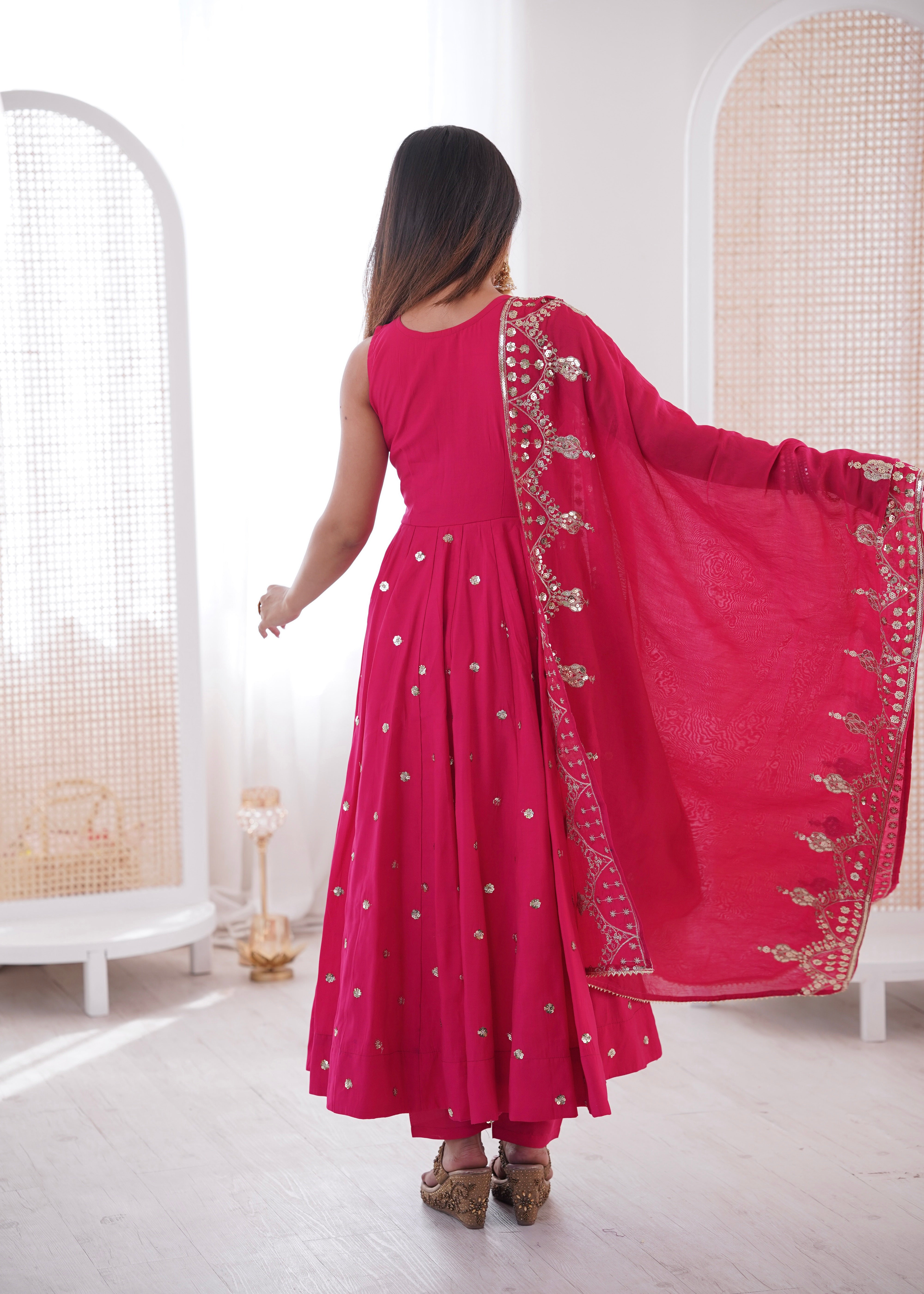Silk Anarkali Gown Set Featuring Intricate Mirror-Work Embroidery