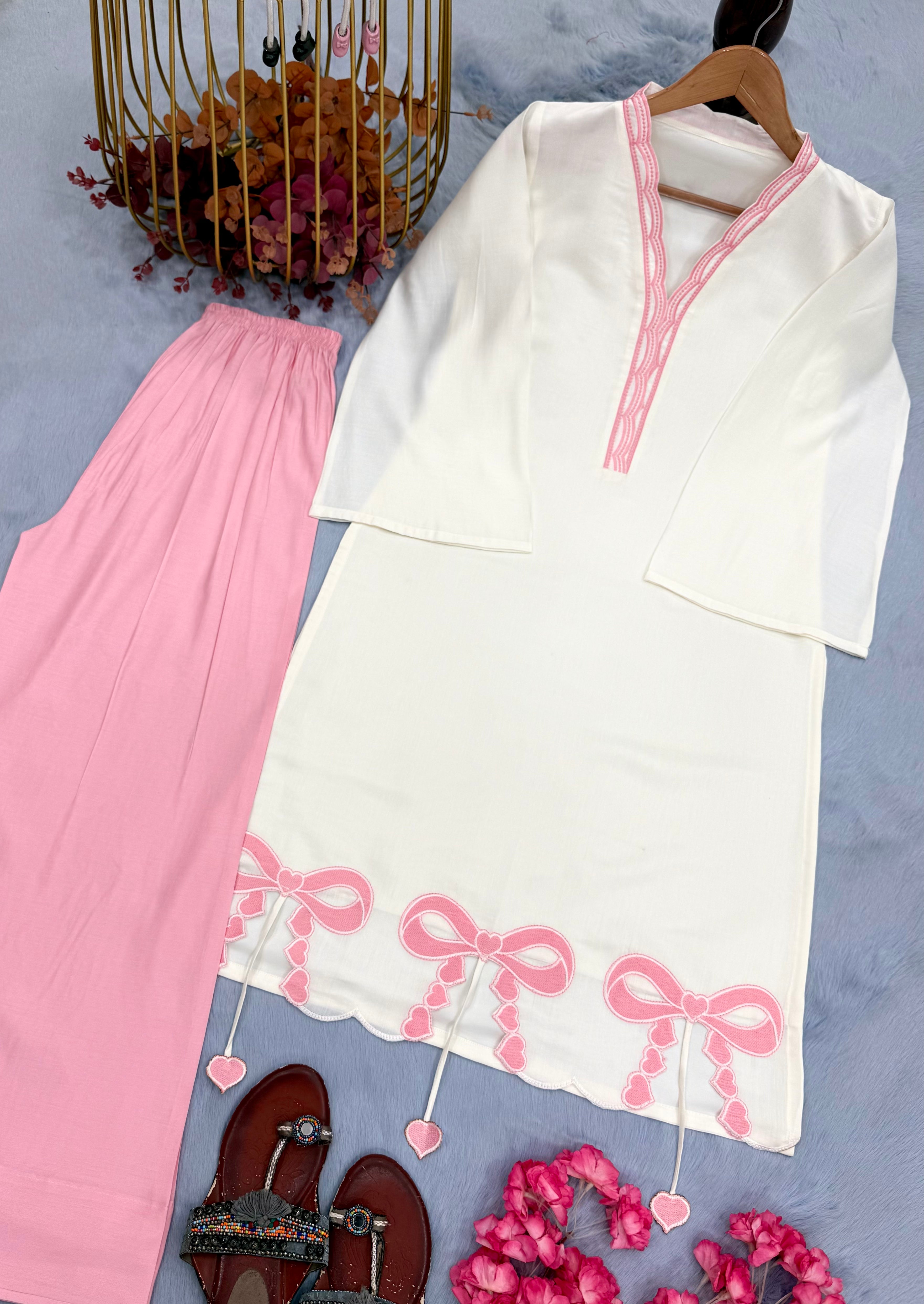 Off-White & Pink Roman Silk Top with Palazzo Set