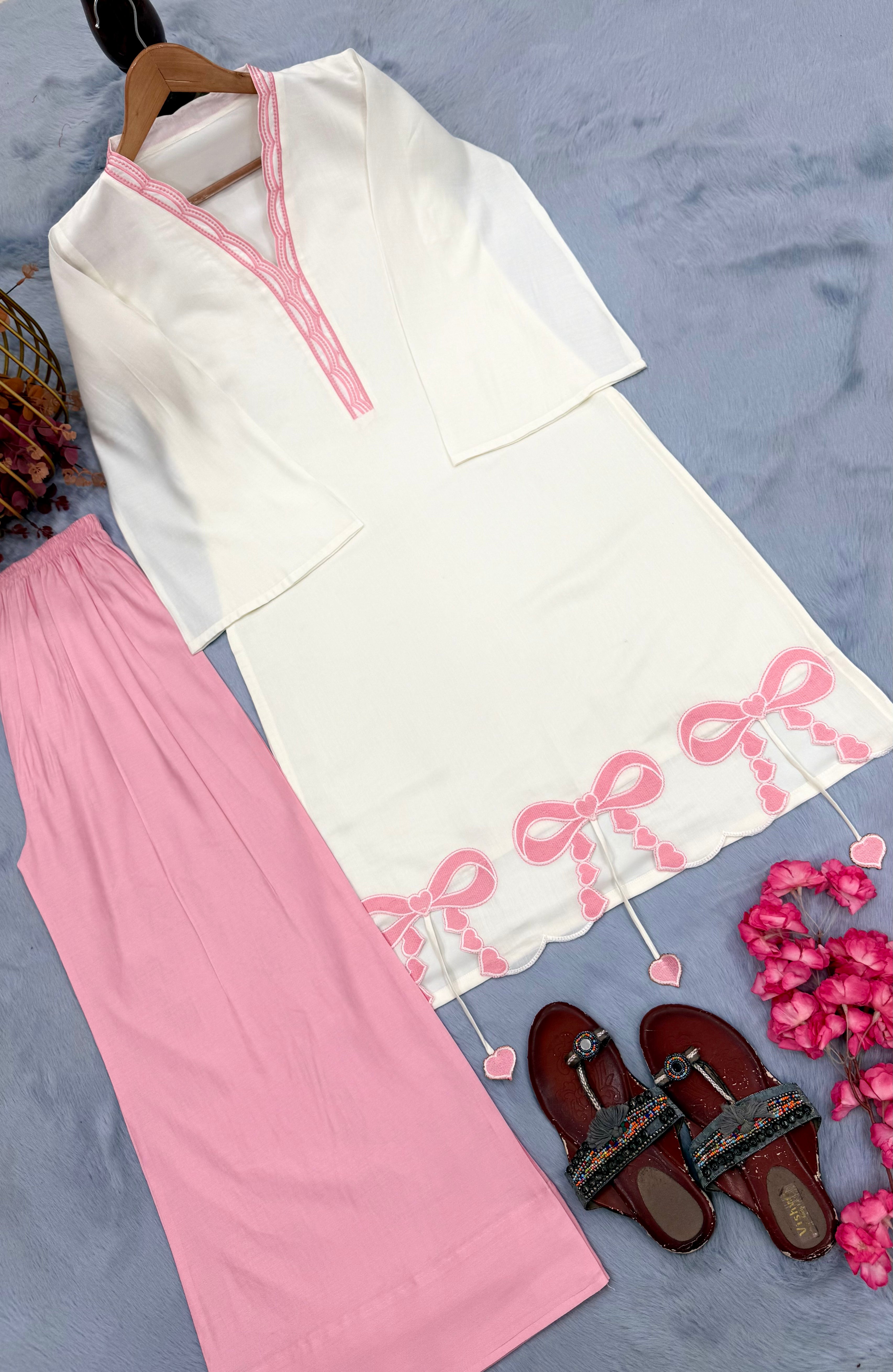 Off-White & Pink Roman Silk Top with Palazzo Set