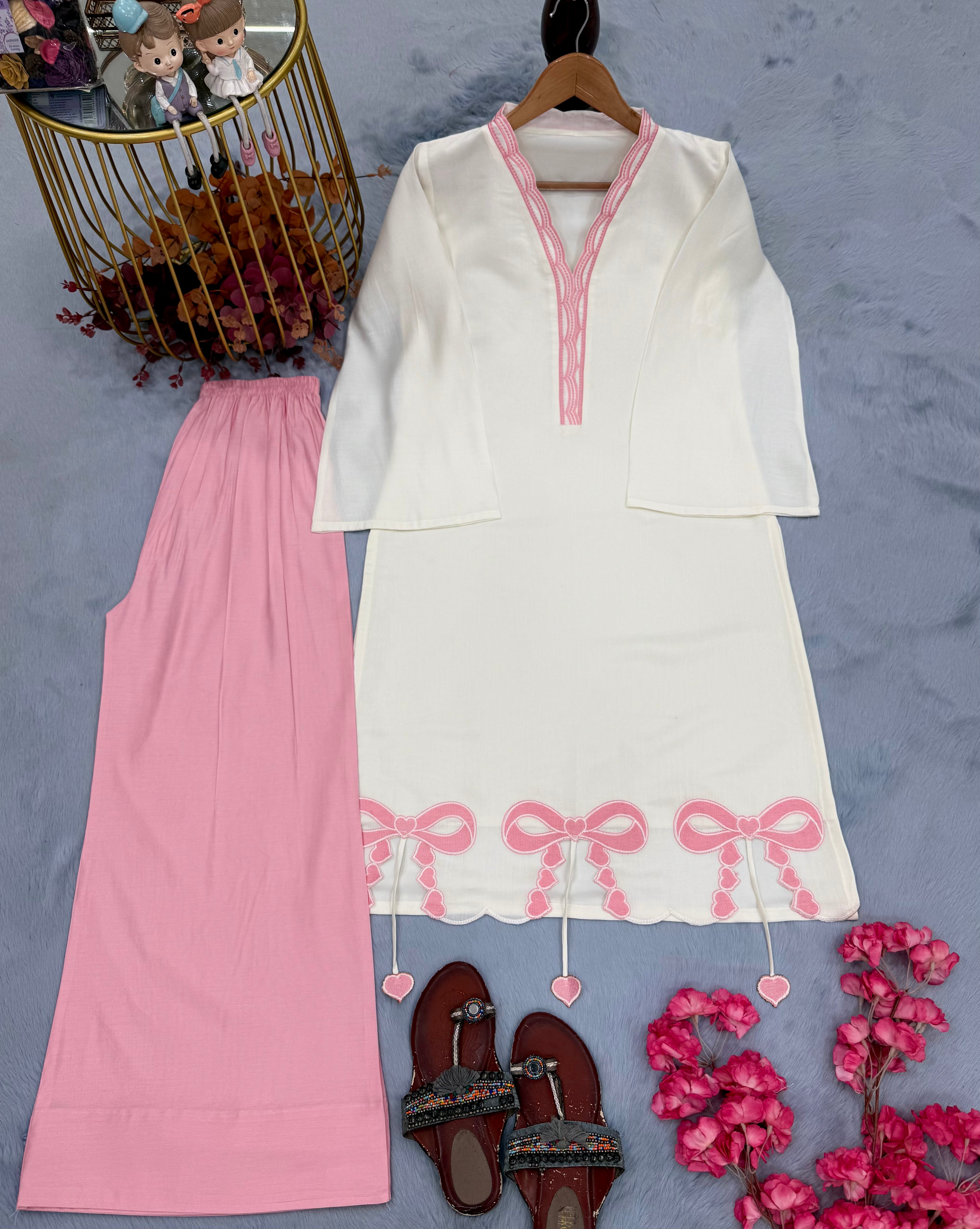 Off-White & Pink Roman Silk Top with Palazzo Set