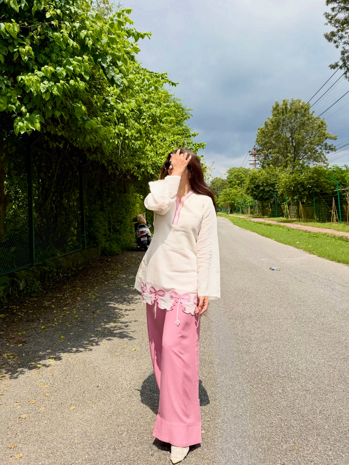 Off-White & Pink Roman Silk Top with Palazzo Set
