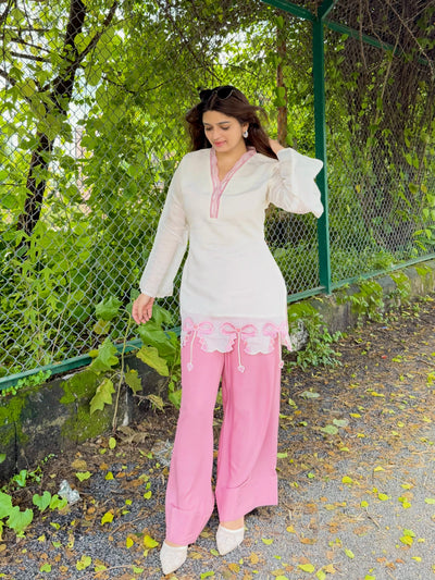 Off-White & Pink Roman Silk Top with Palazzo Set