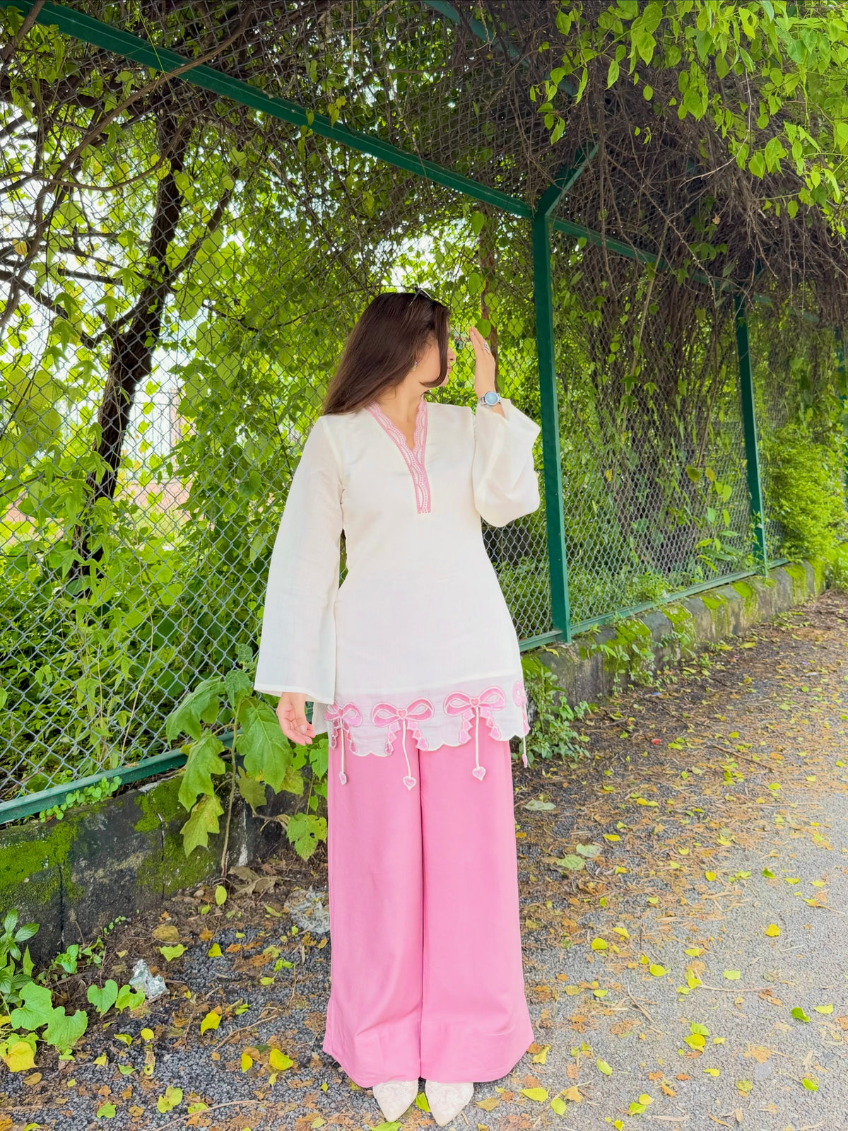 Off-White & Pink Roman Silk Top with Palazzo Set