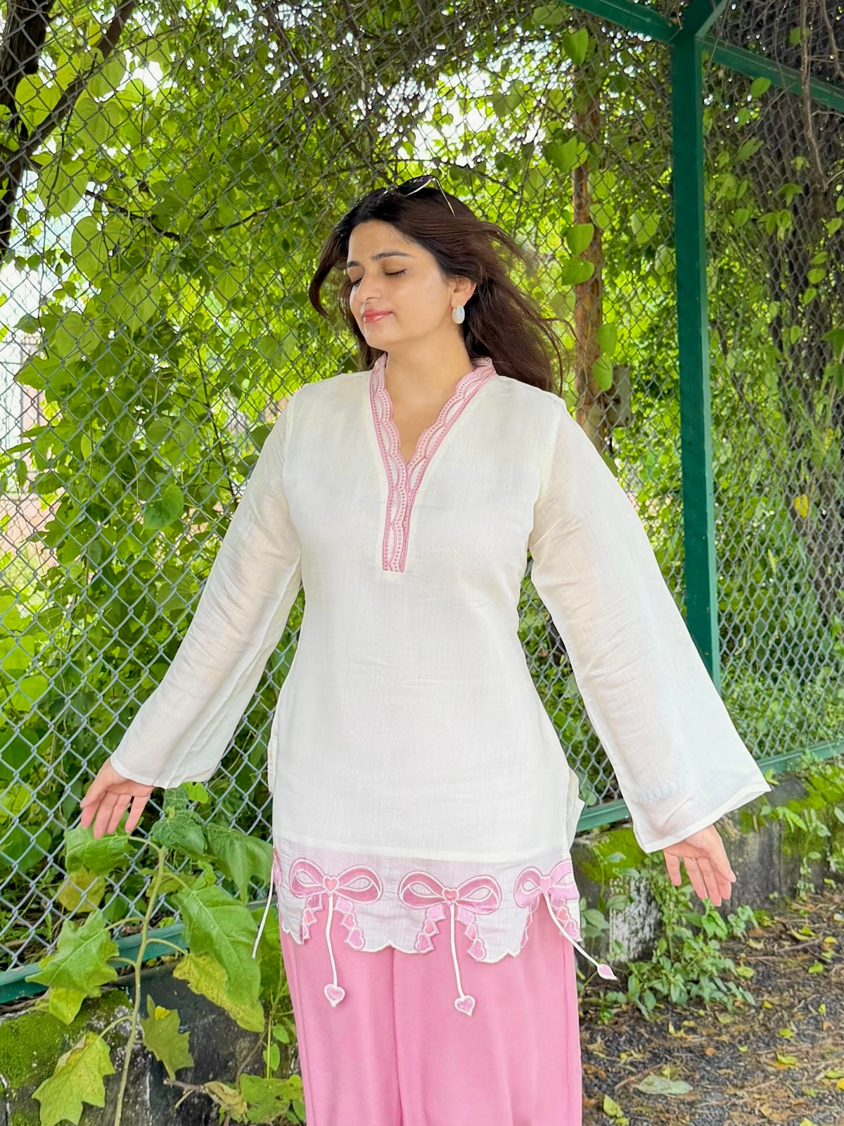 Off-White & Pink Roman Silk Top with Palazzo Set
