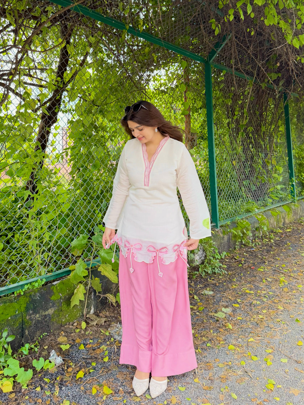 Off-White & Pink Roman Silk Top with Palazzo Set