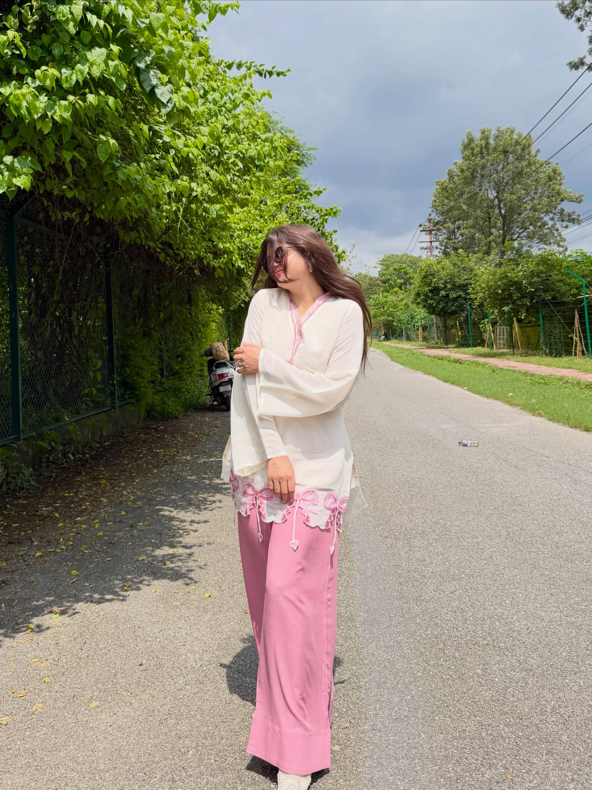 Off-White & Pink Roman Silk Top with Palazzo Set