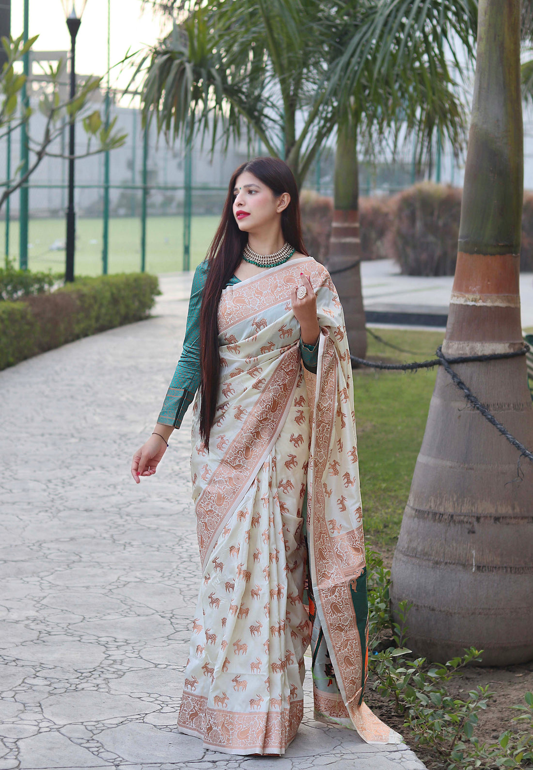 Cream Color Zari Golden Weaving Rich Saree