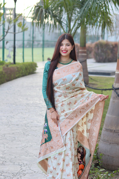 Cream Color Zari Golden Weaving Rich Saree