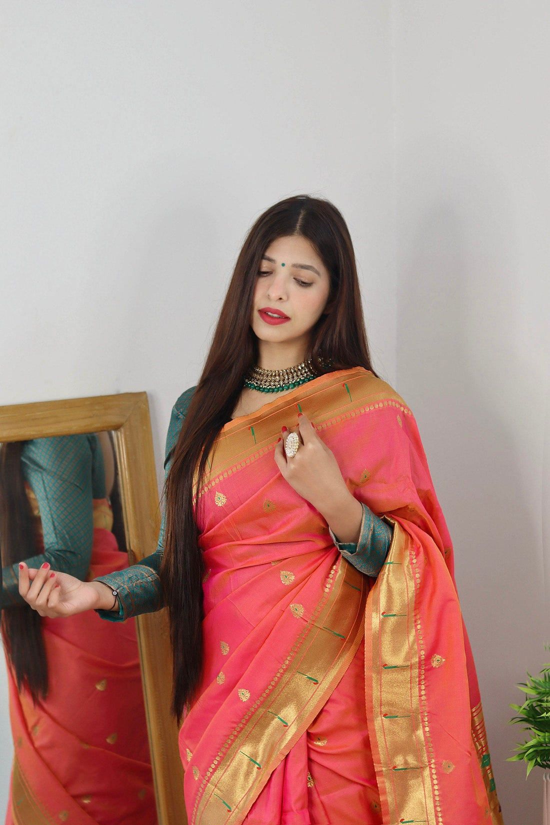 Coral Pink Color Zari Golden Weaving Rich Saree