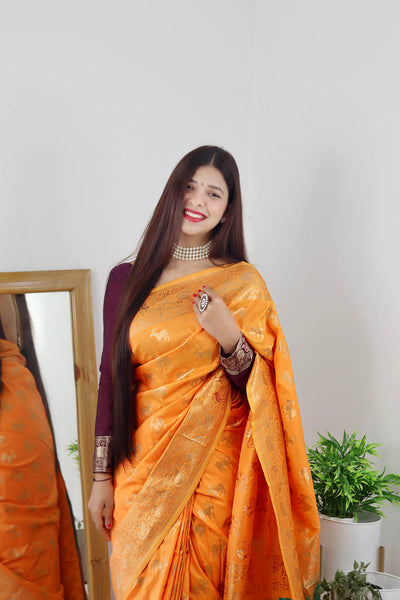 Mustar Yellow Color Zari Golden Weaving Rich Saree
