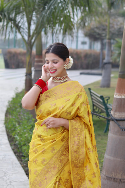 Yellow Color Zari Golden Weaving Rich Saree