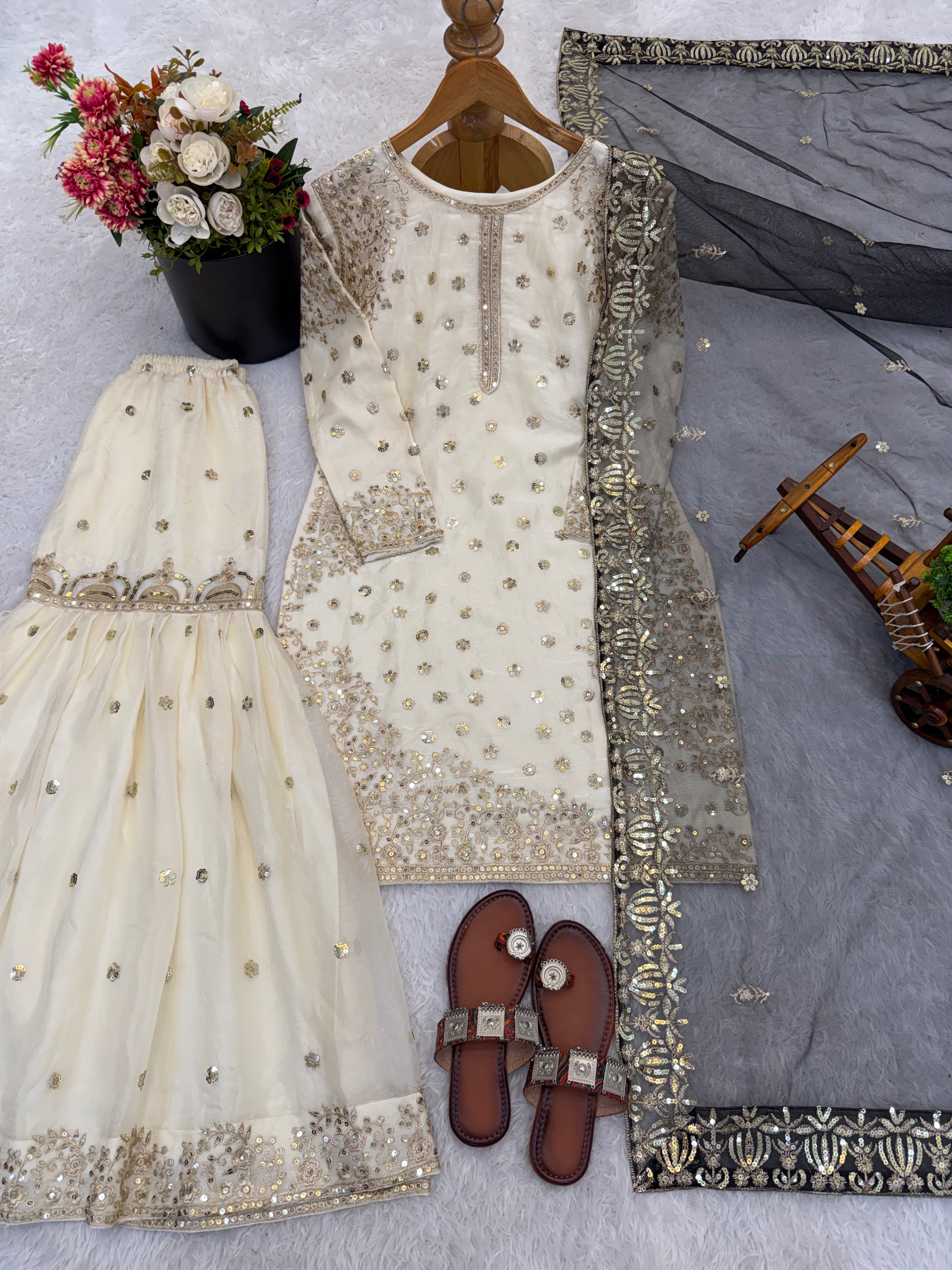 Cream-Colored Fendy Silk Gharara Suit