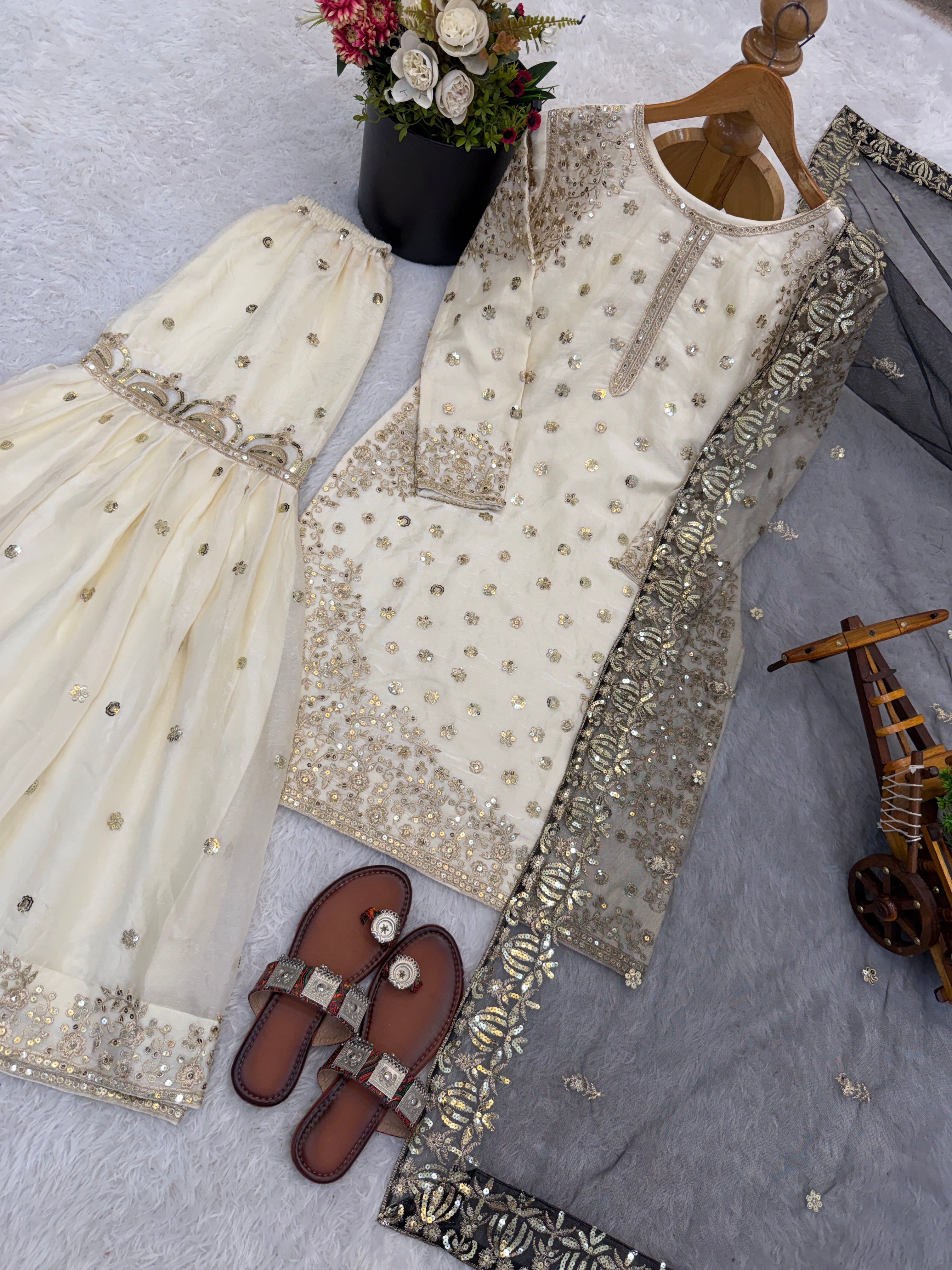 Cream-Colored Fendy Silk Gharara Suit