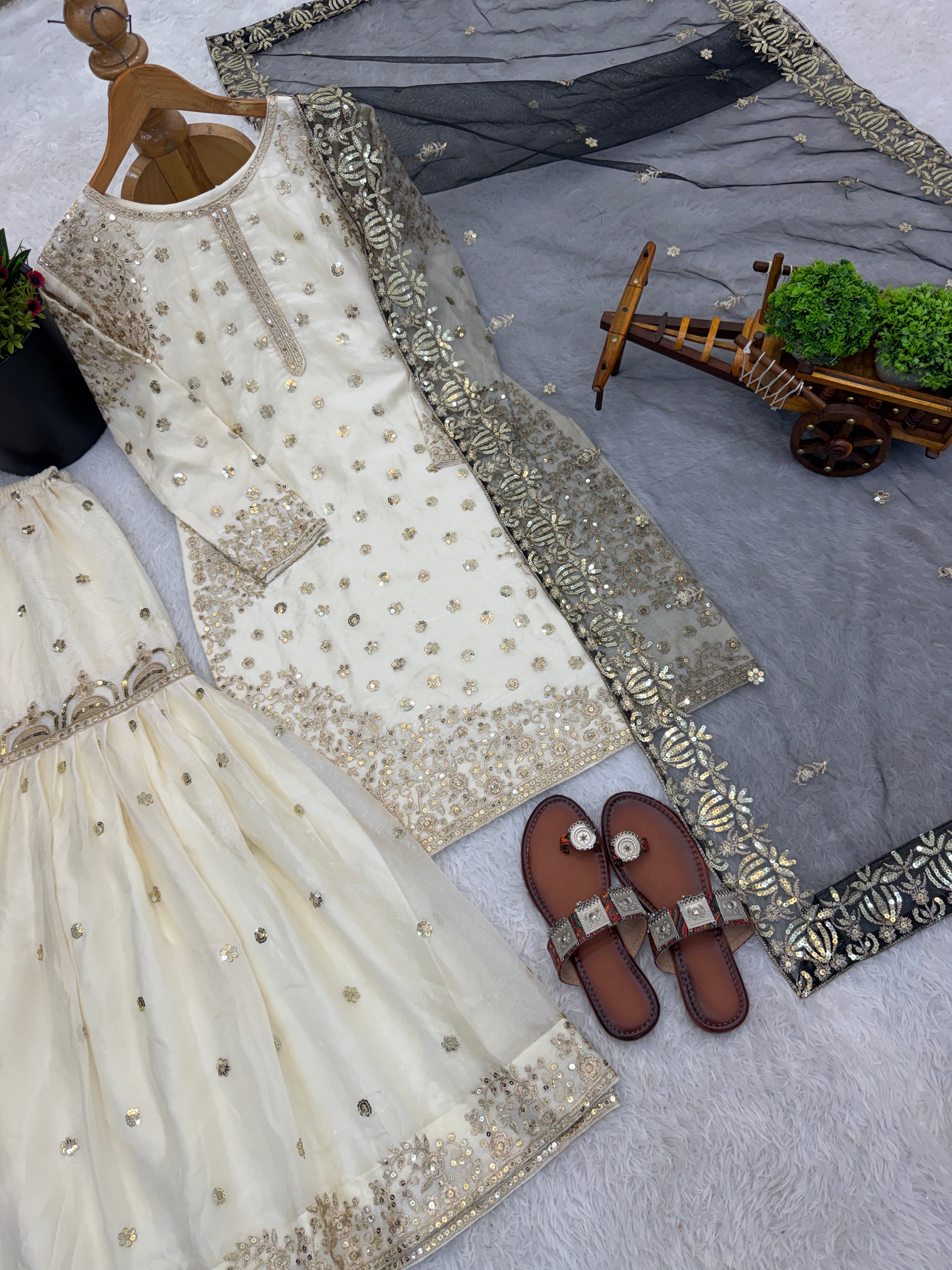 Cream-Colored Fendy Silk Gharara Suit