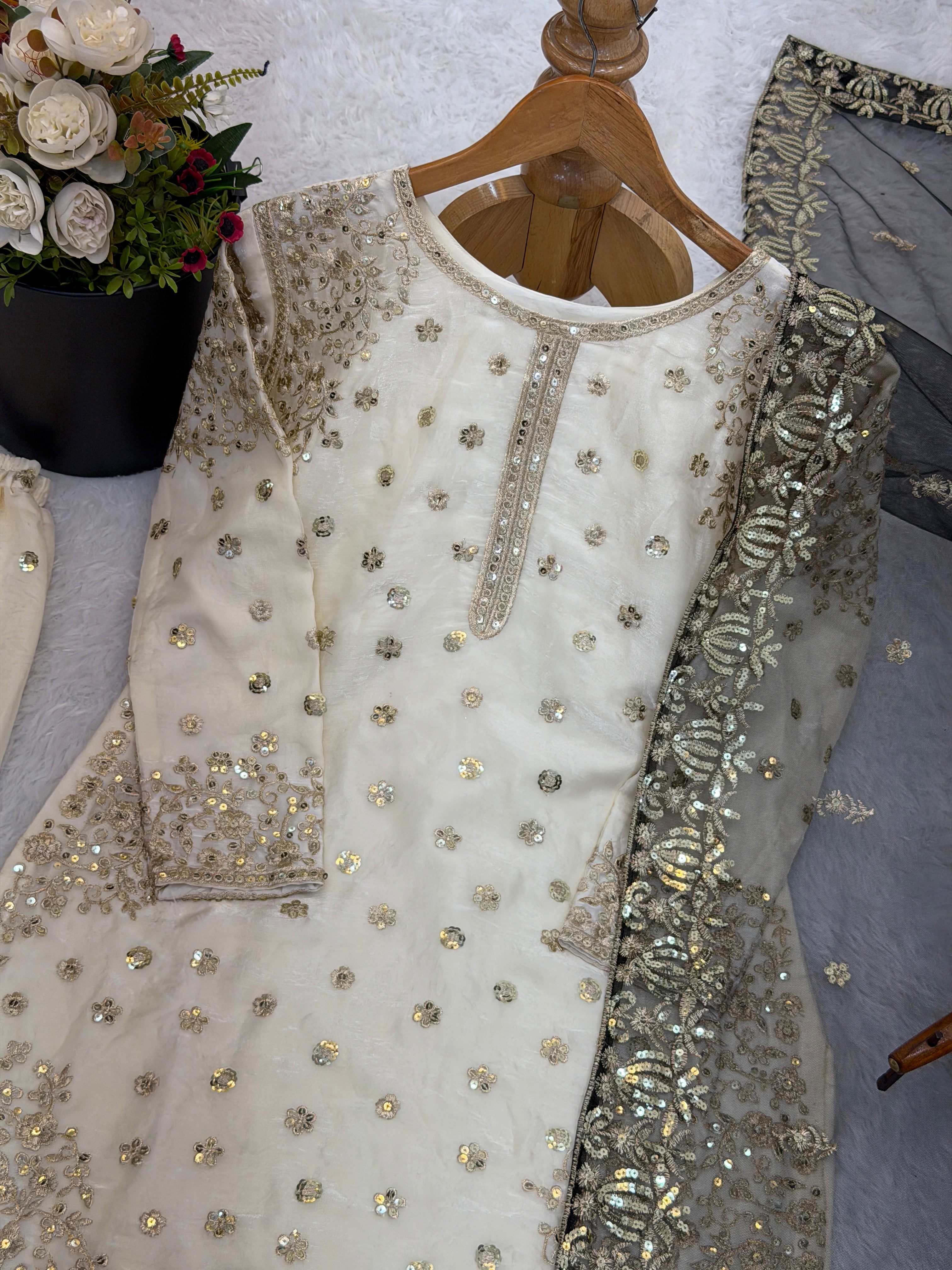 Cream-Colored Fendy Silk Gharara Suit