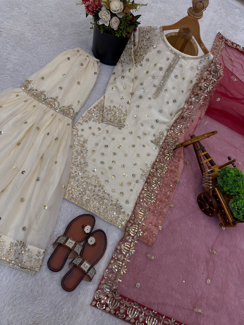 Cream-Colored Fendy Silk Gharara Suit