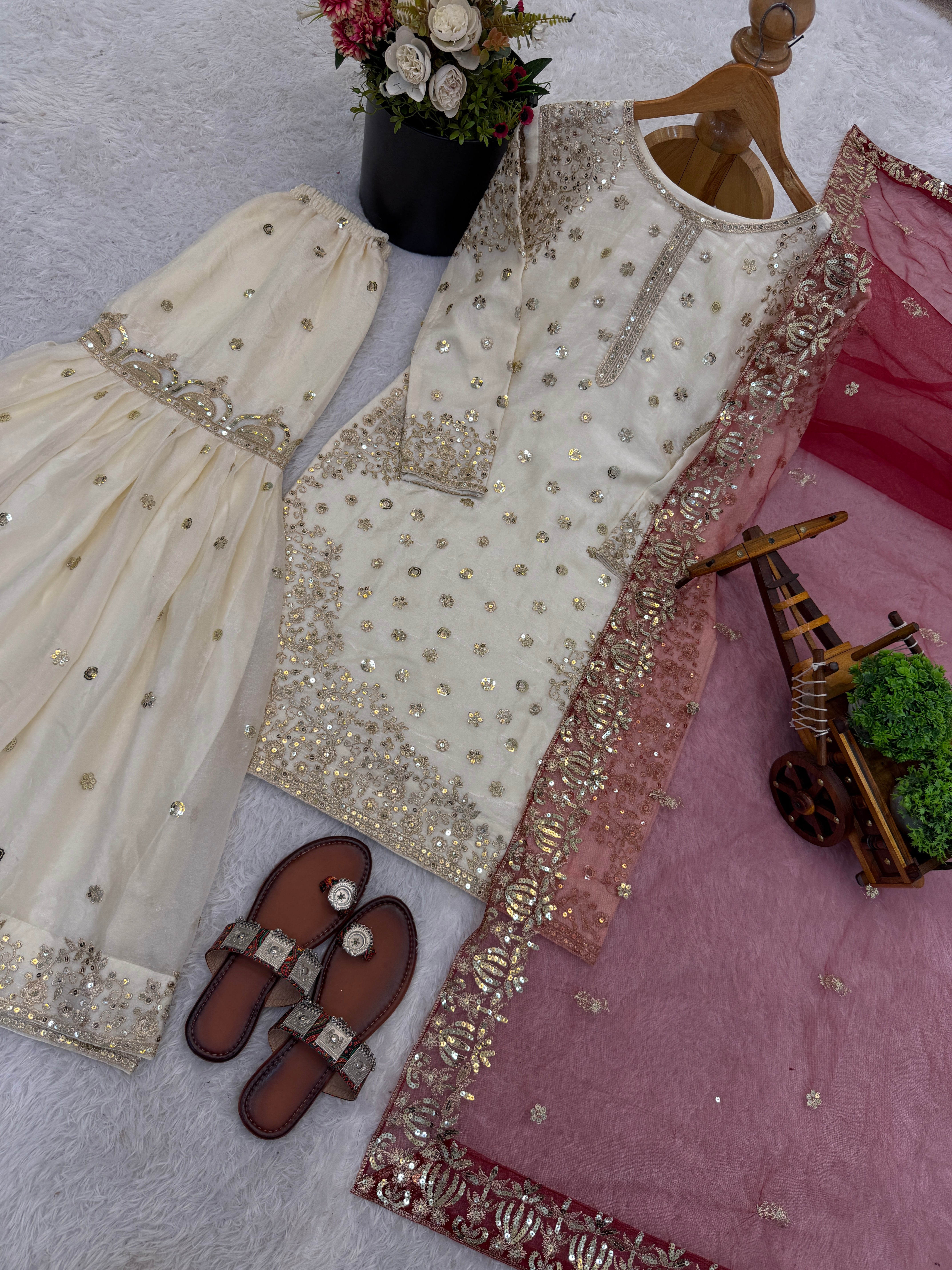 Cream-Colored Fendy Silk Gharara Suit