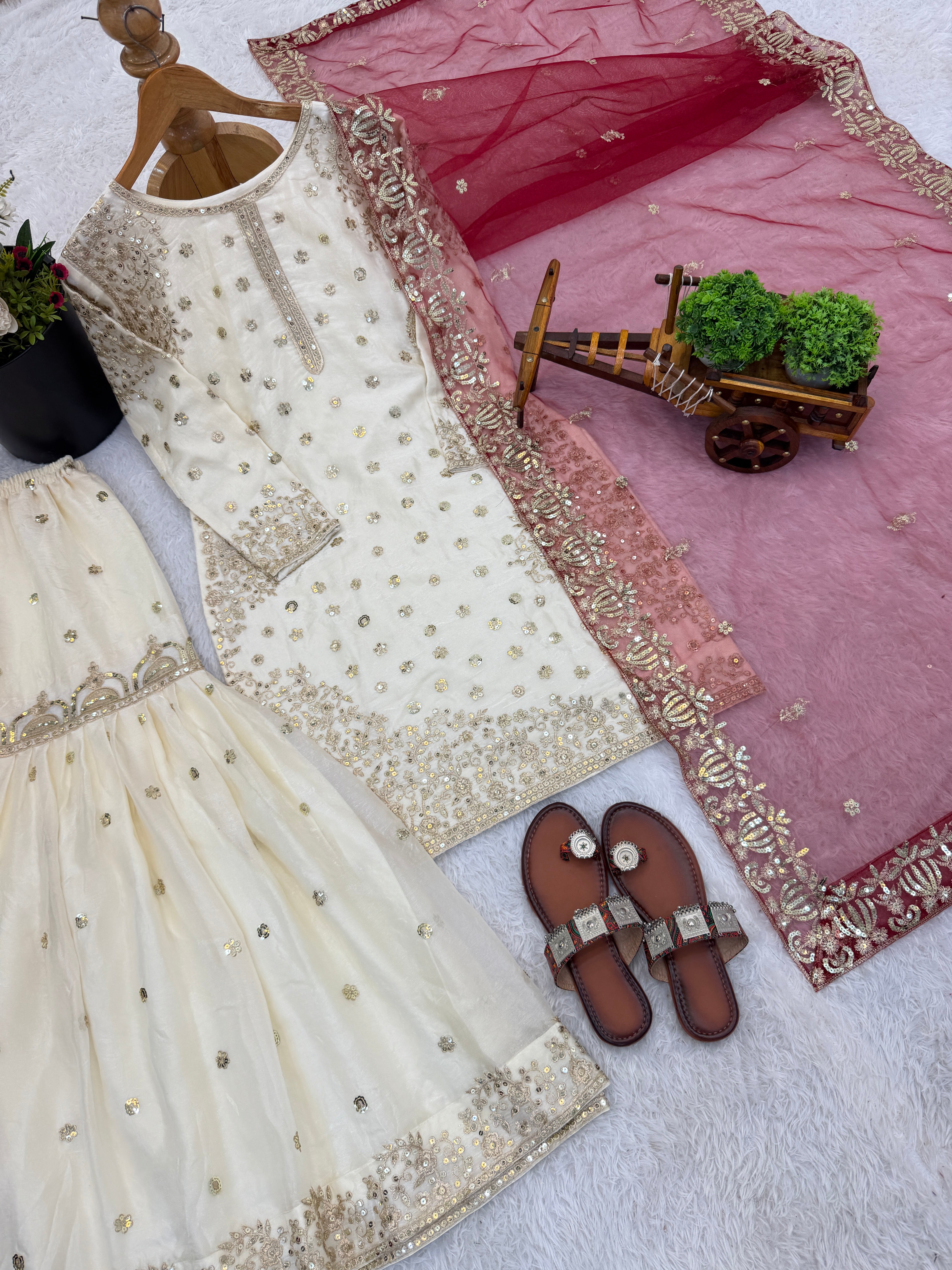 Cream-Colored Fendy Silk Gharara Suit