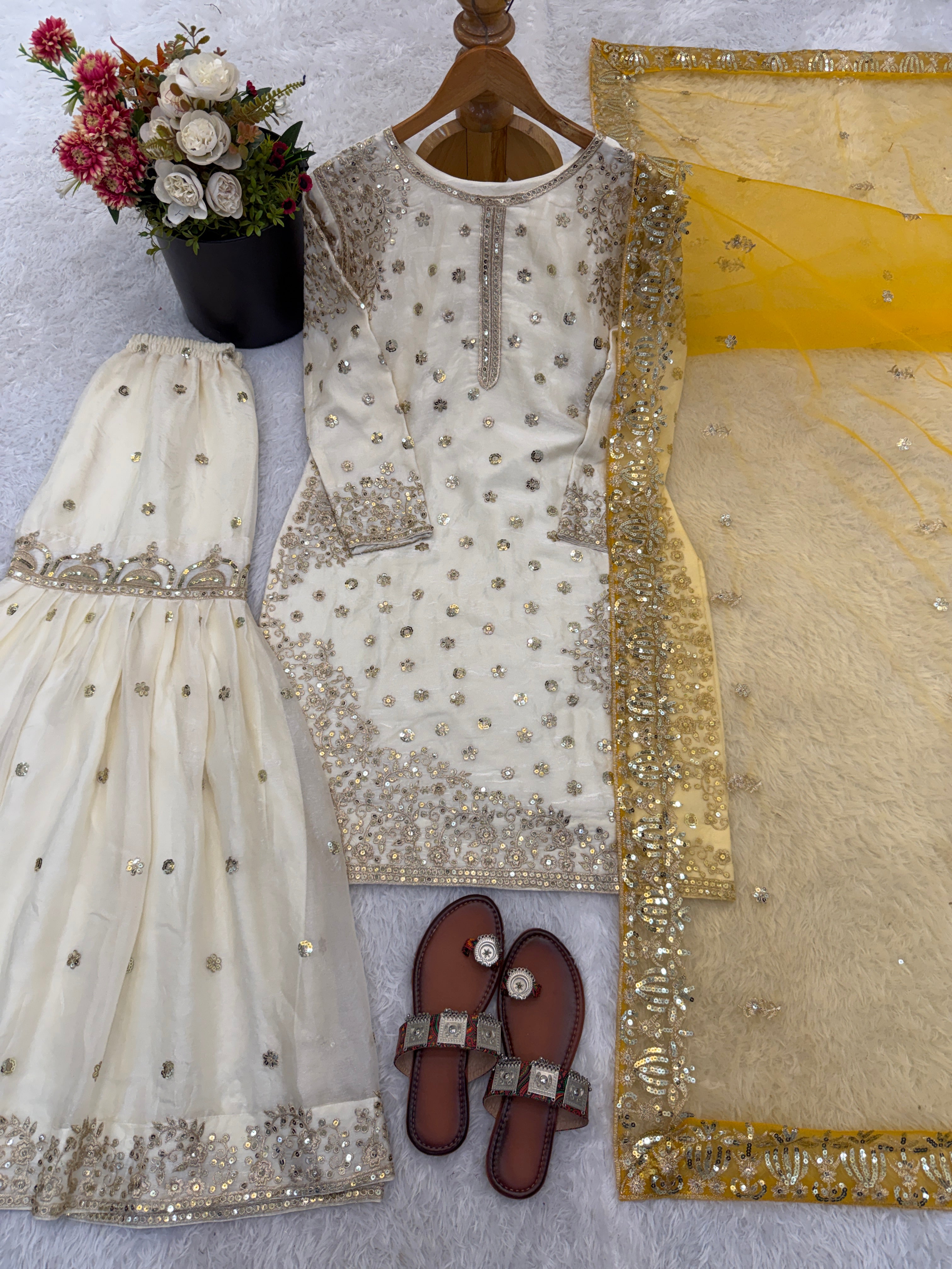 Cream-Colored Fendy Silk Gharara Suit