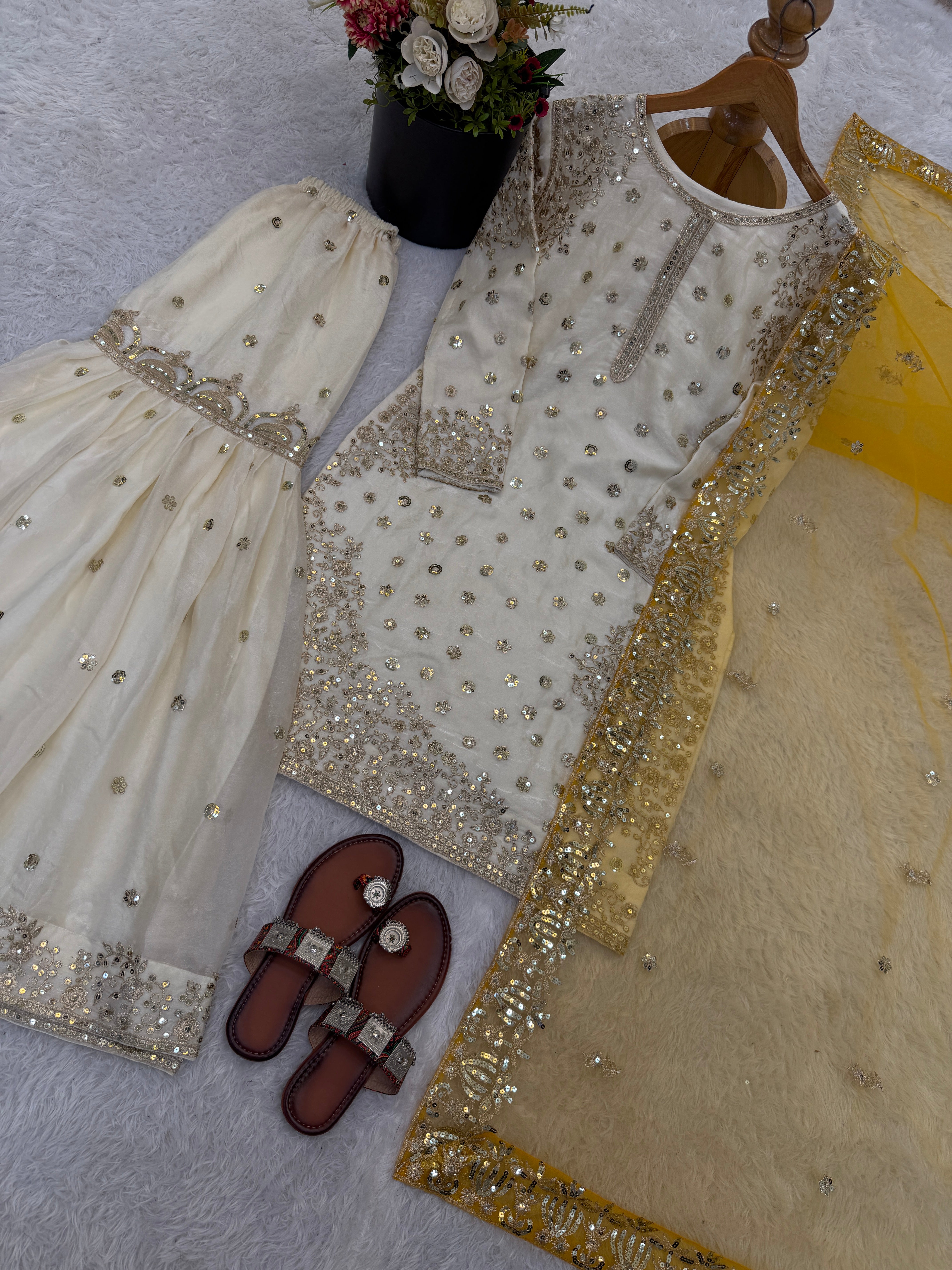 Cream-Colored Fendy Silk Gharara Suit