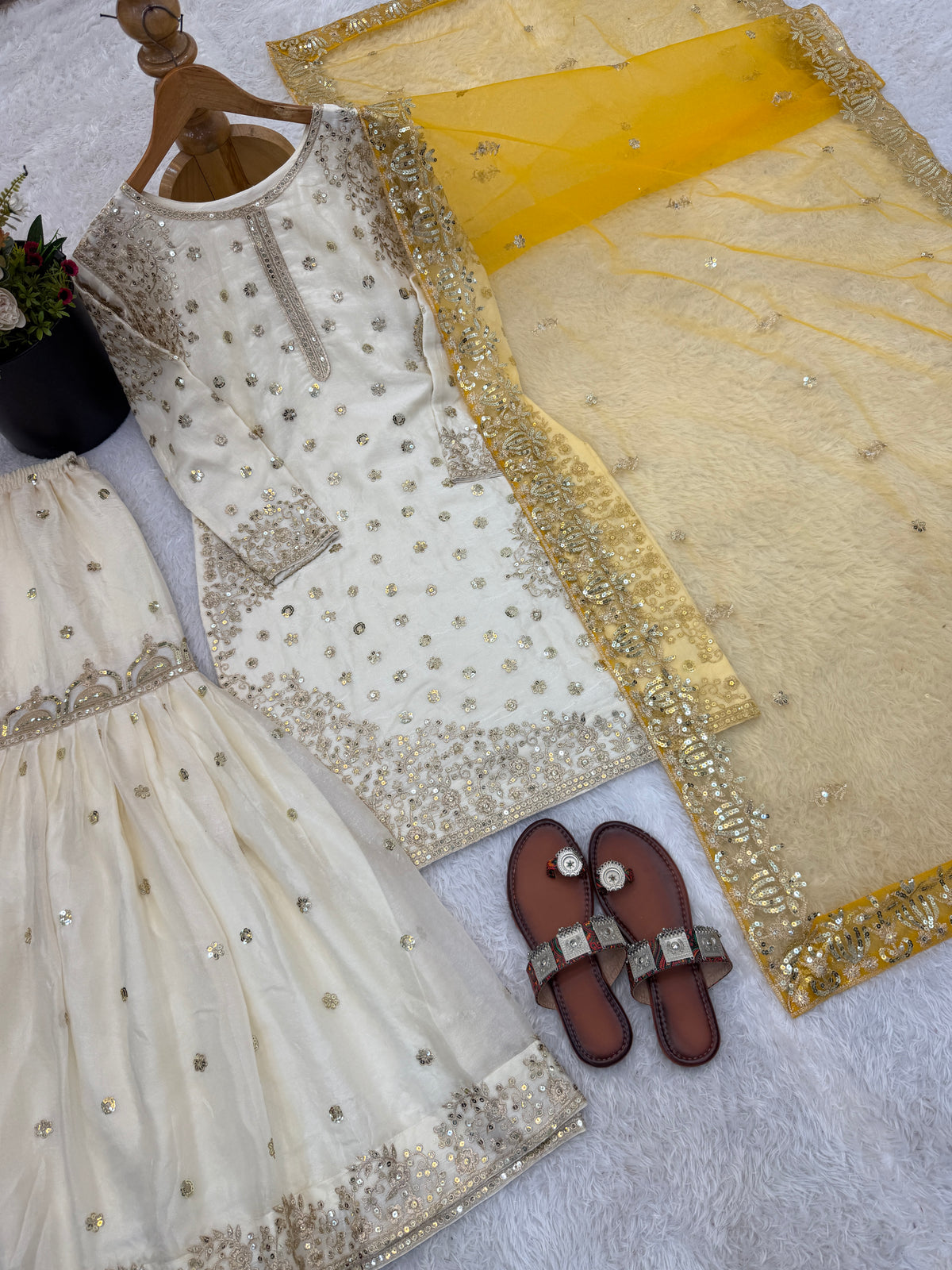 Cream-Colored Fendy Silk Gharara Suit