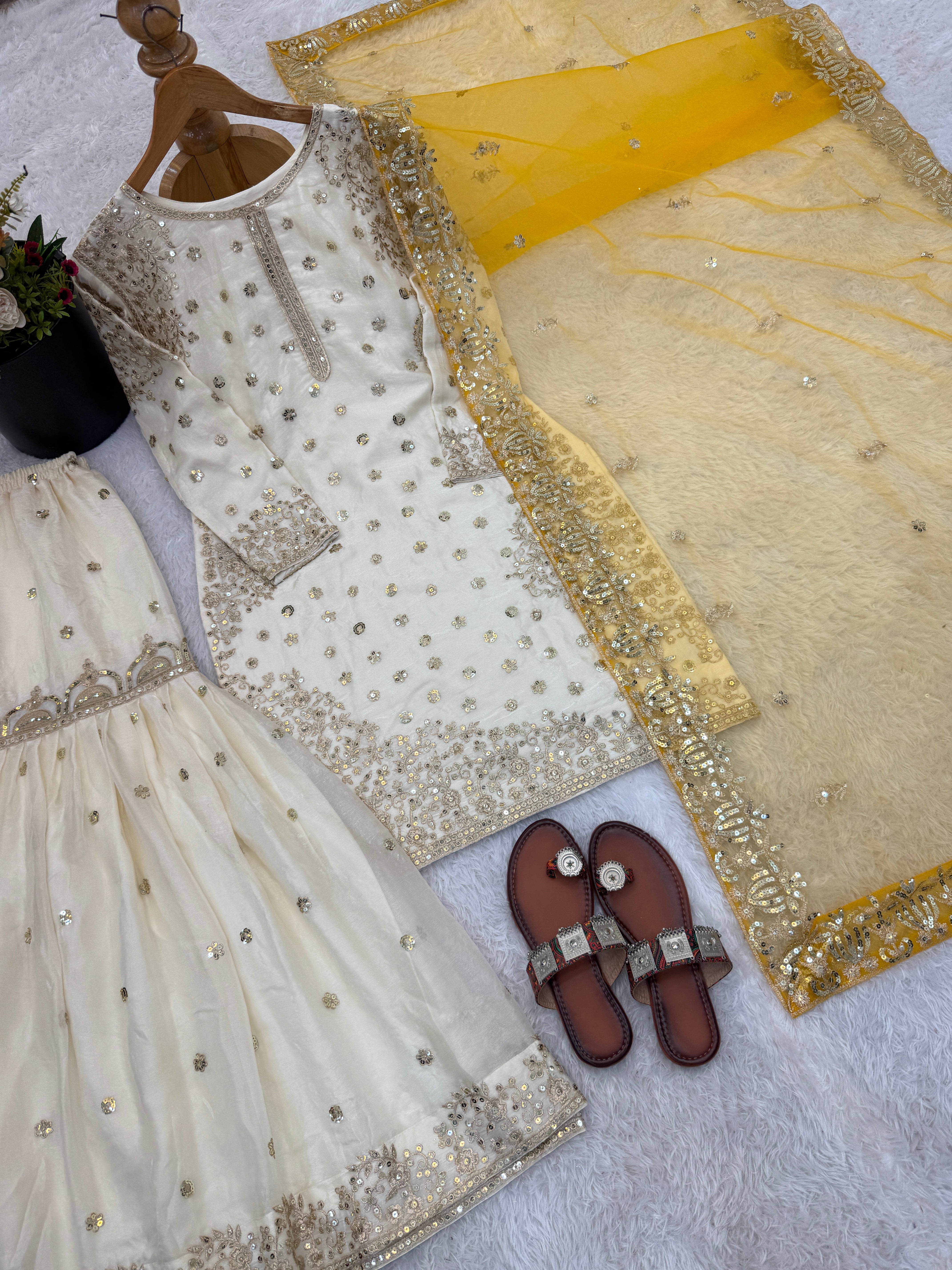 Cream-Colored Fendy Silk Gharara Suit