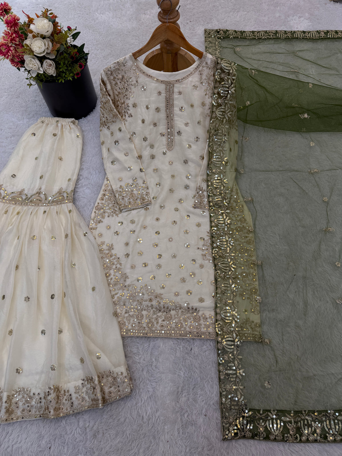 Cream-Colored Fendy Silk Gharara Suit