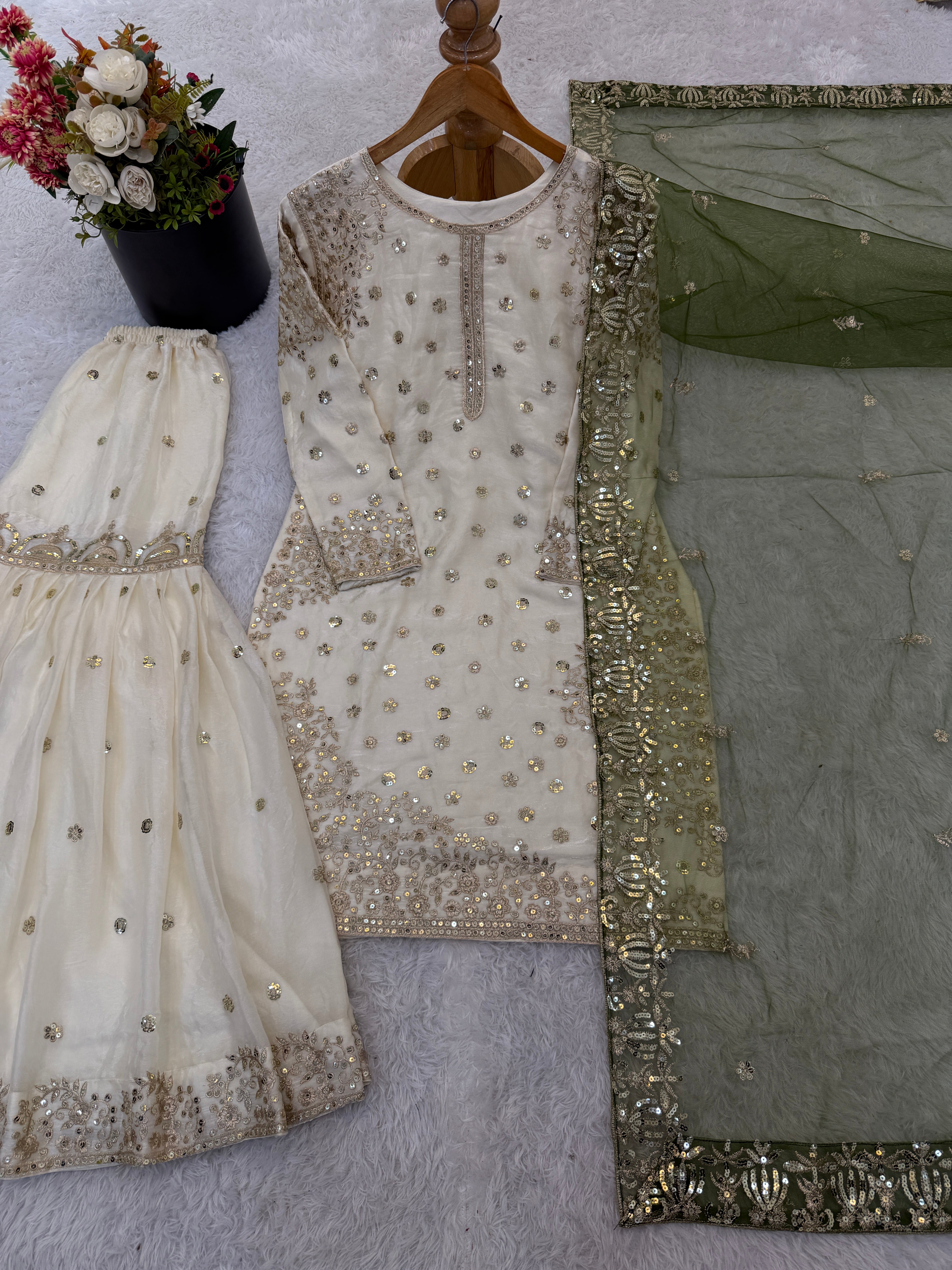 Cream-Colored Fendy Silk Gharara Suit