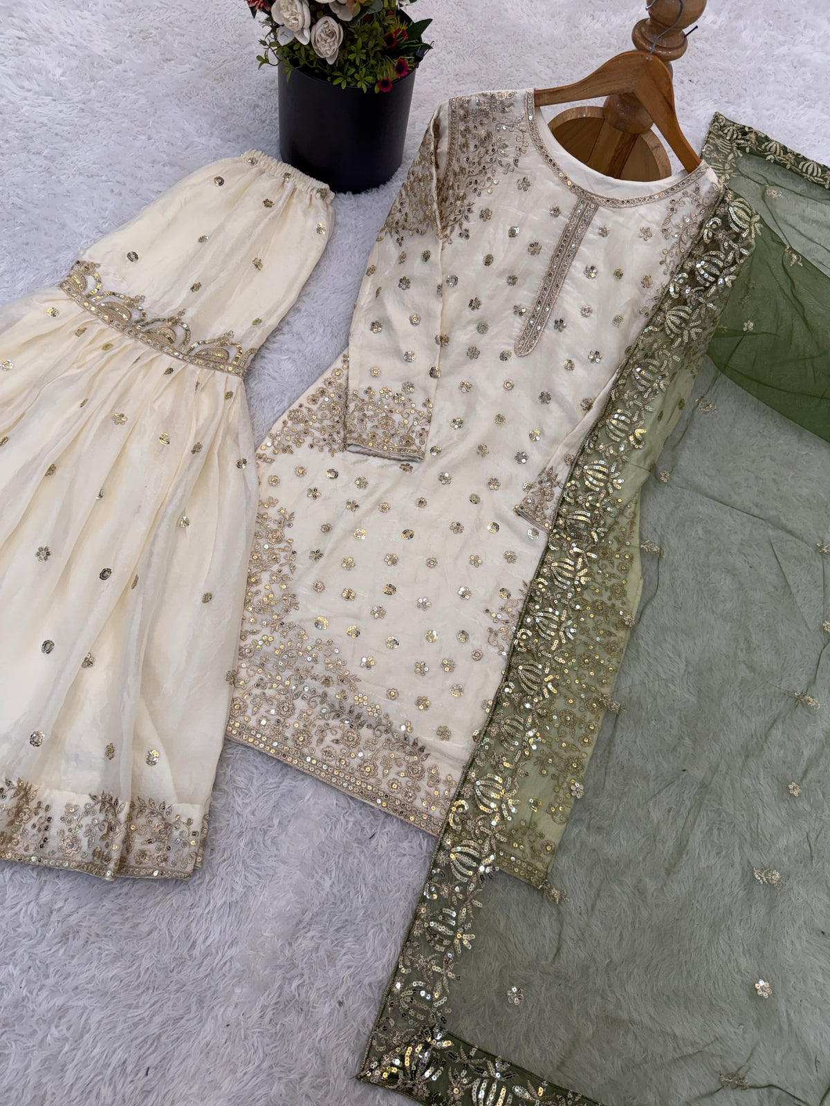 Cream-Colored Fendy Silk Gharara Suit
