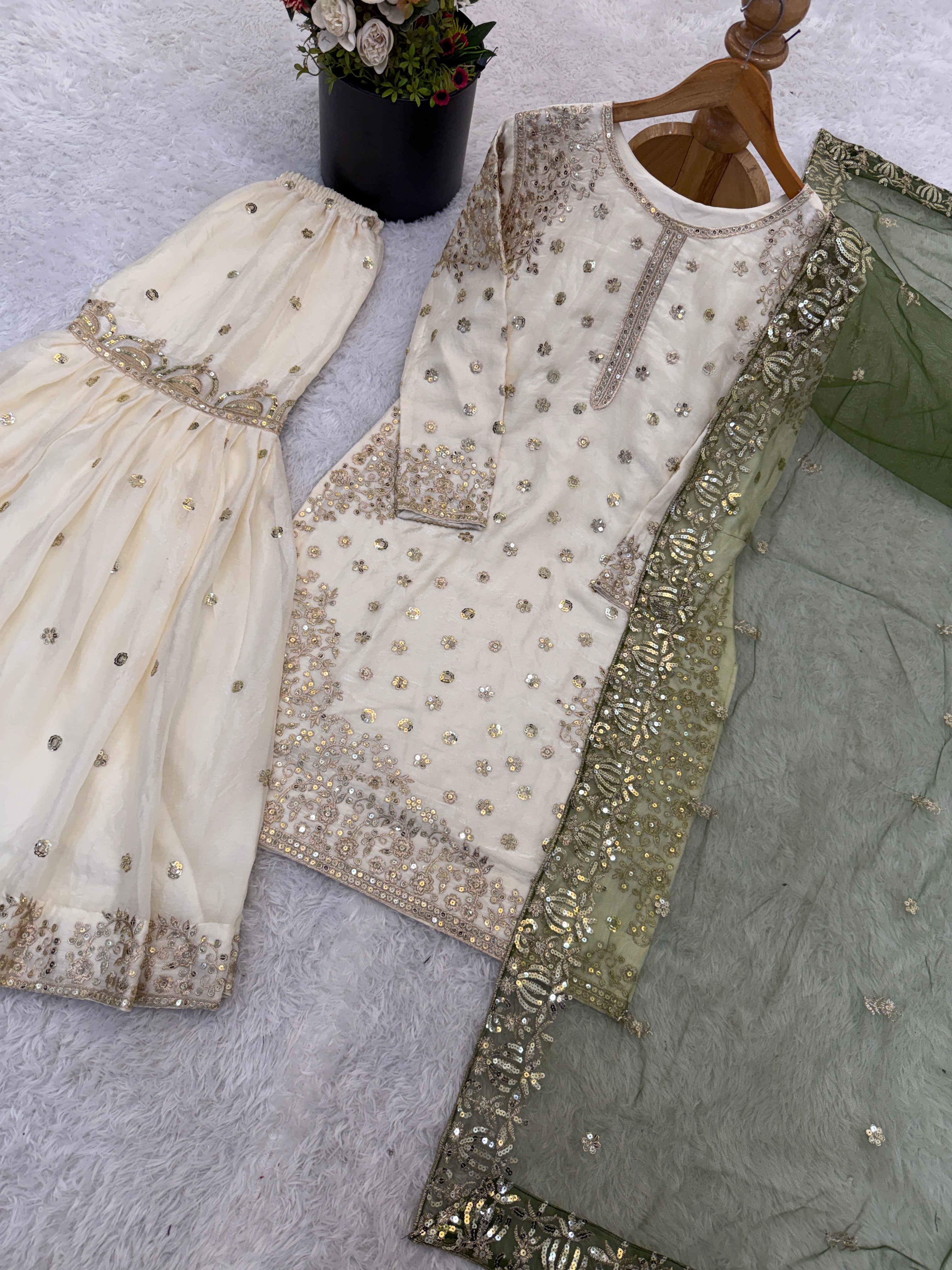 Cream-Colored Fendy Silk Gharara Suit