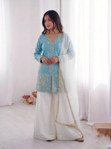 Fendy Silk Embroidered Short Kurta with Sharara & Dupatta Set