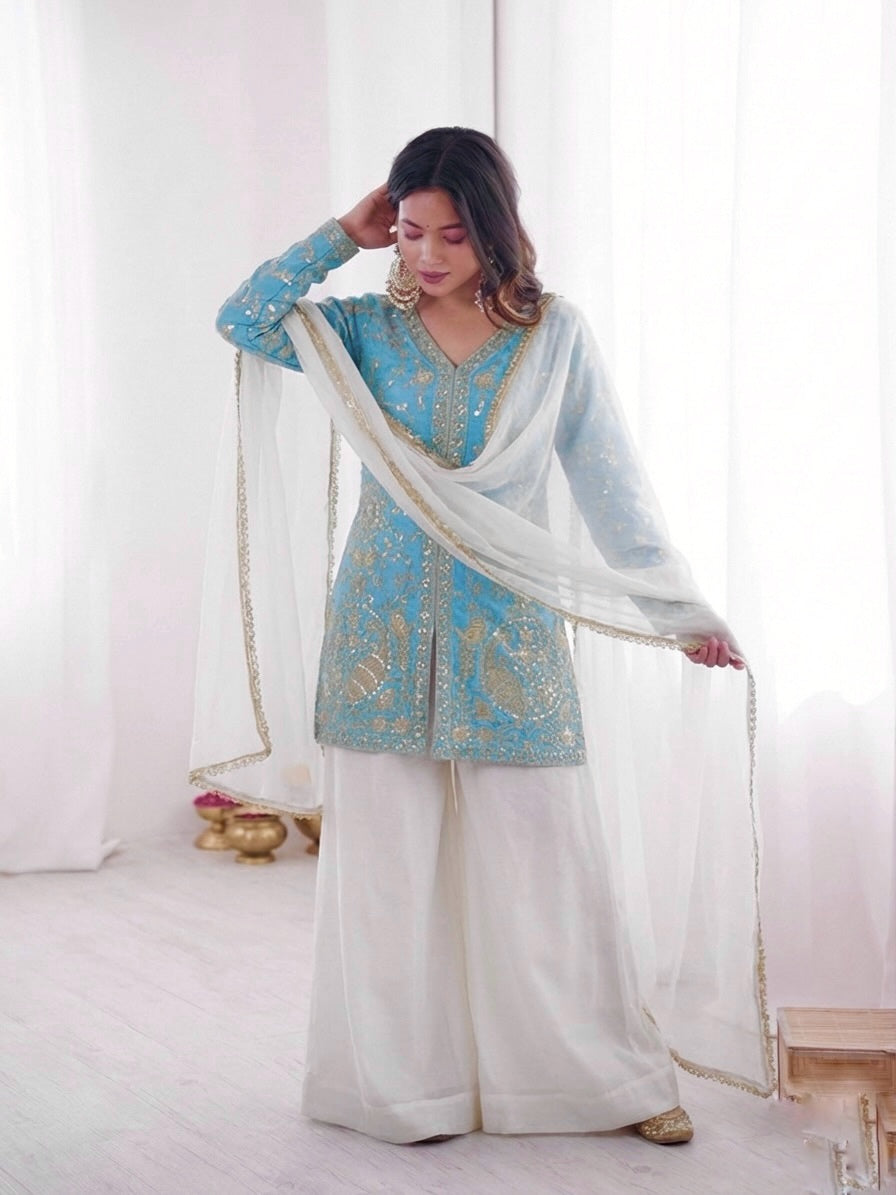 Fendy Silk Embroidered Short Kurta with Sharara & Dupatta Set