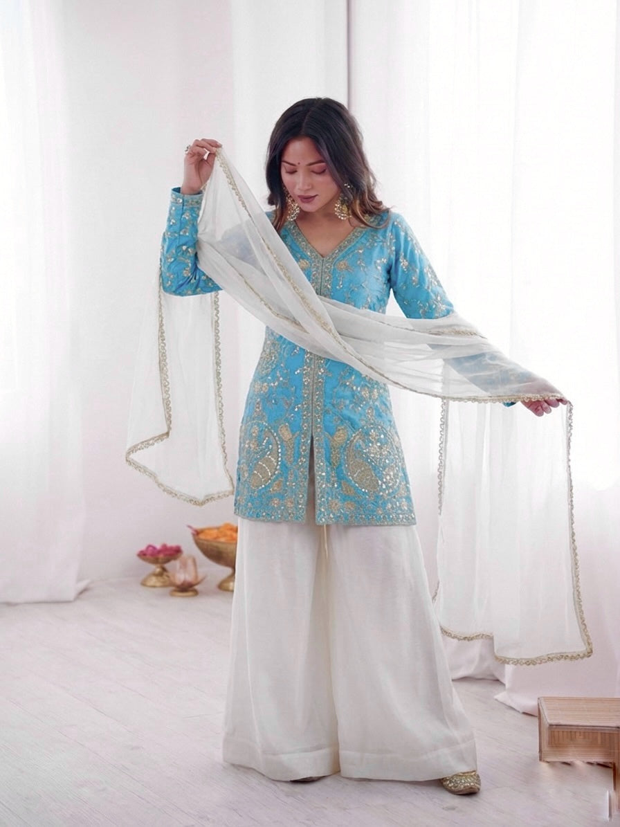 Fendy Silk Embroidered Short Kurta with Sharara & Dupatta Set