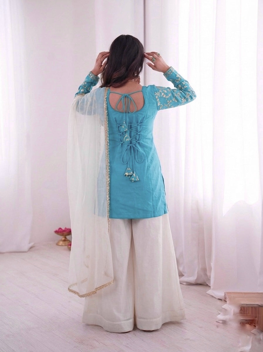 Fendy Silk Embroidered Short Kurta with Sharara & Dupatta Set