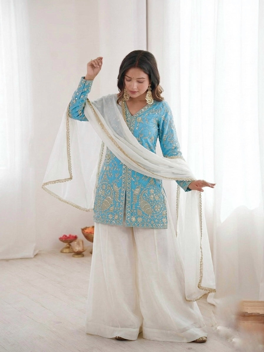 Fendy Silk Embroidered Short Kurta with Sharara & Dupatta Set