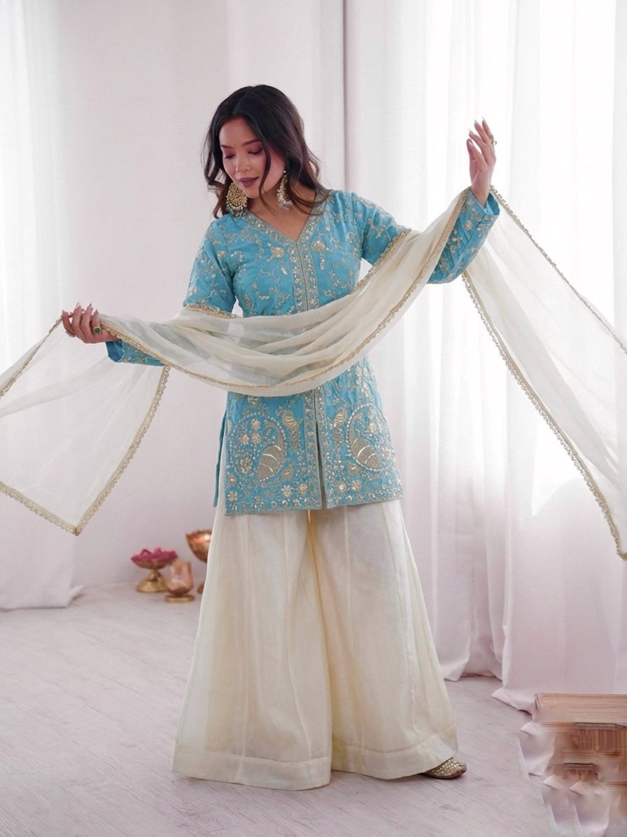 Fendy Silk Embroidered Short Kurta with Sharara & Dupatta Set