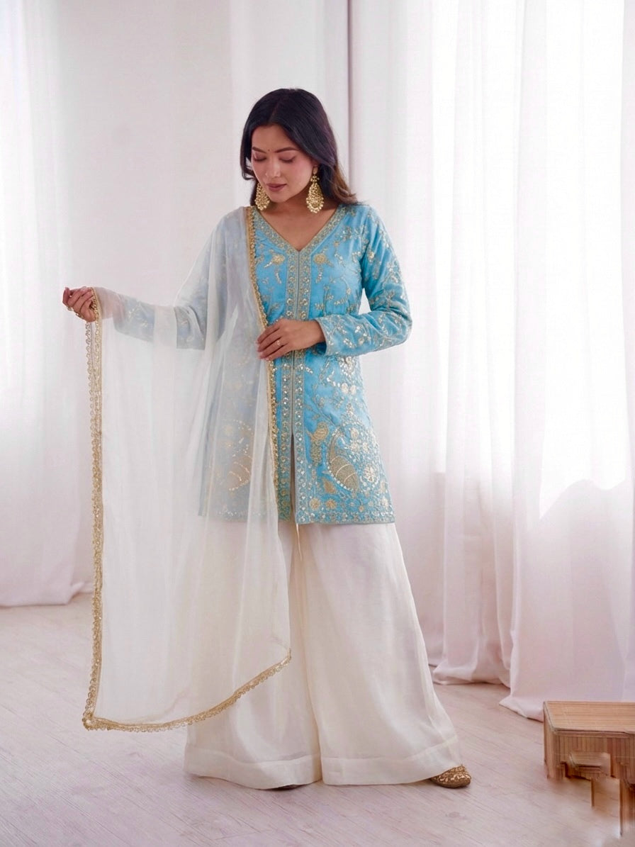 Fendy Silk Embroidered Short Kurta with Sharara & Dupatta Set