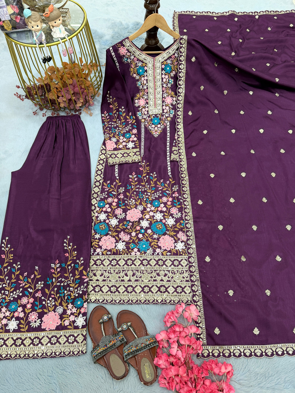 Royal Purple Embroidered Chinon Silk Kurta Palazzo Set with Dupatta