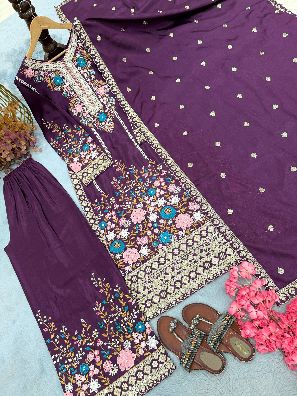 Royal Purple Embroidered Chinon Silk Kurta Palazzo Set with Dupatta
